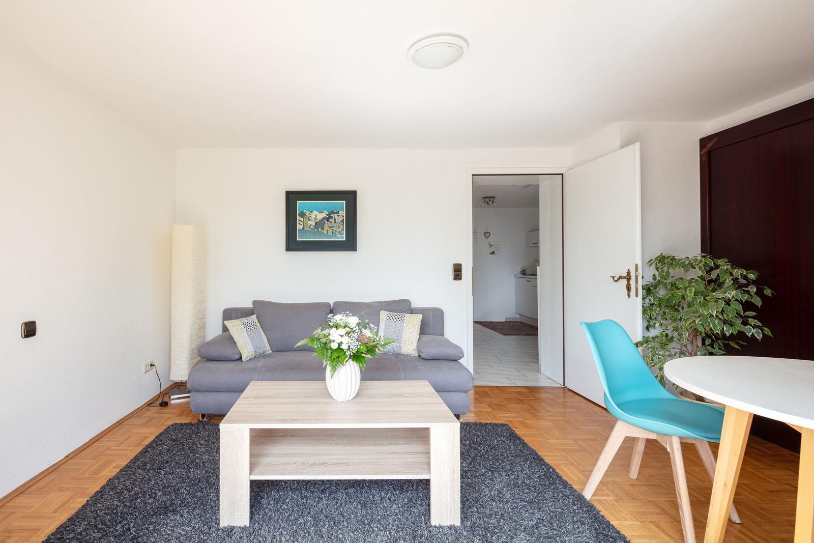 Wohnzimmer mit Sofa, Tisch und Stuhl. Durchgang zur Küche. Wandbild und Pflanze.