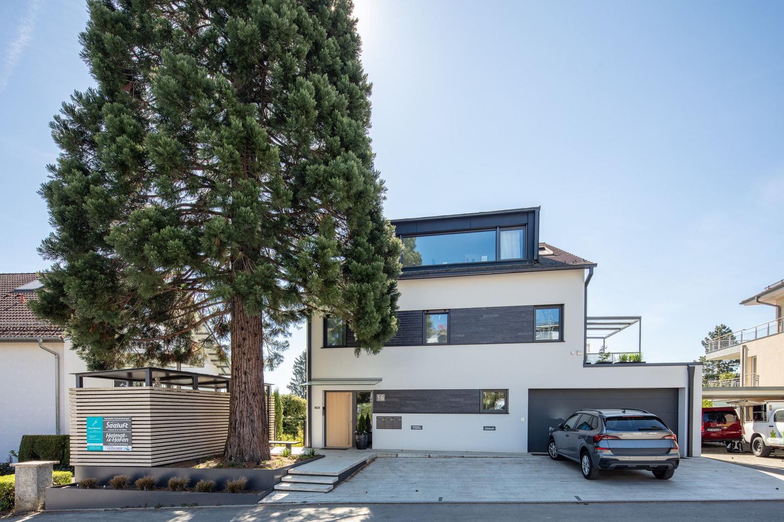 Moderne Villa mit Garage und großem Baum vor dem Eingang.