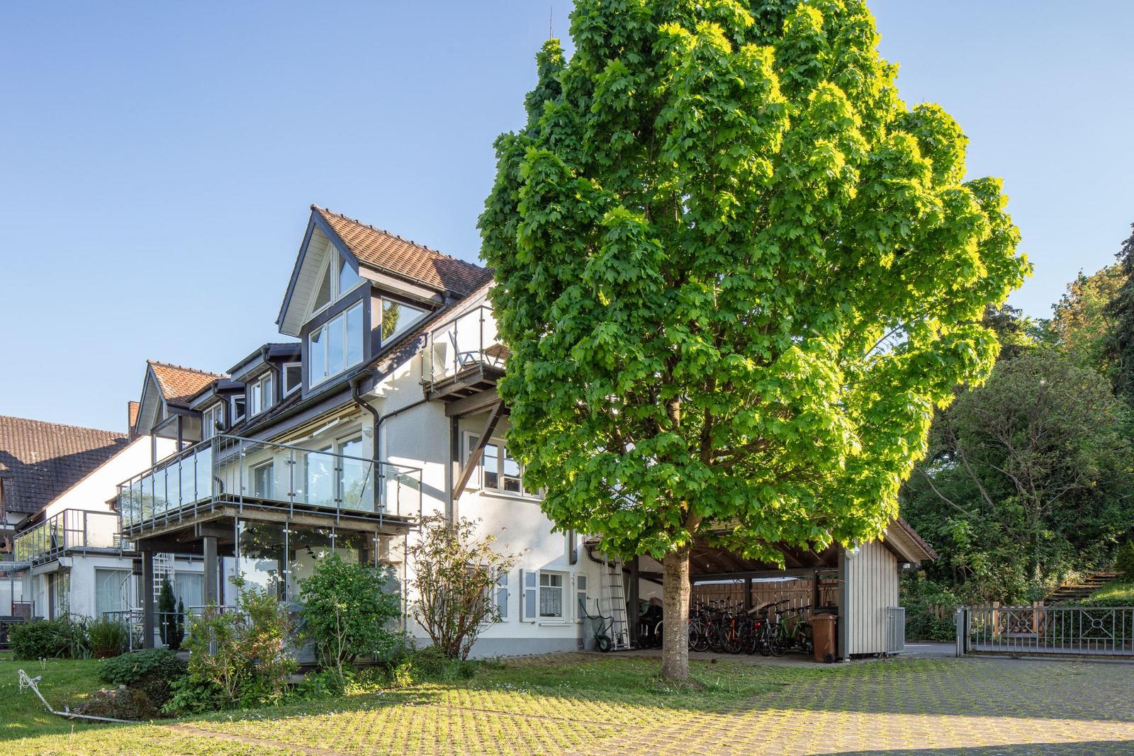Haus mit Balkon, großen Baum und Fahrrädern im Hof.