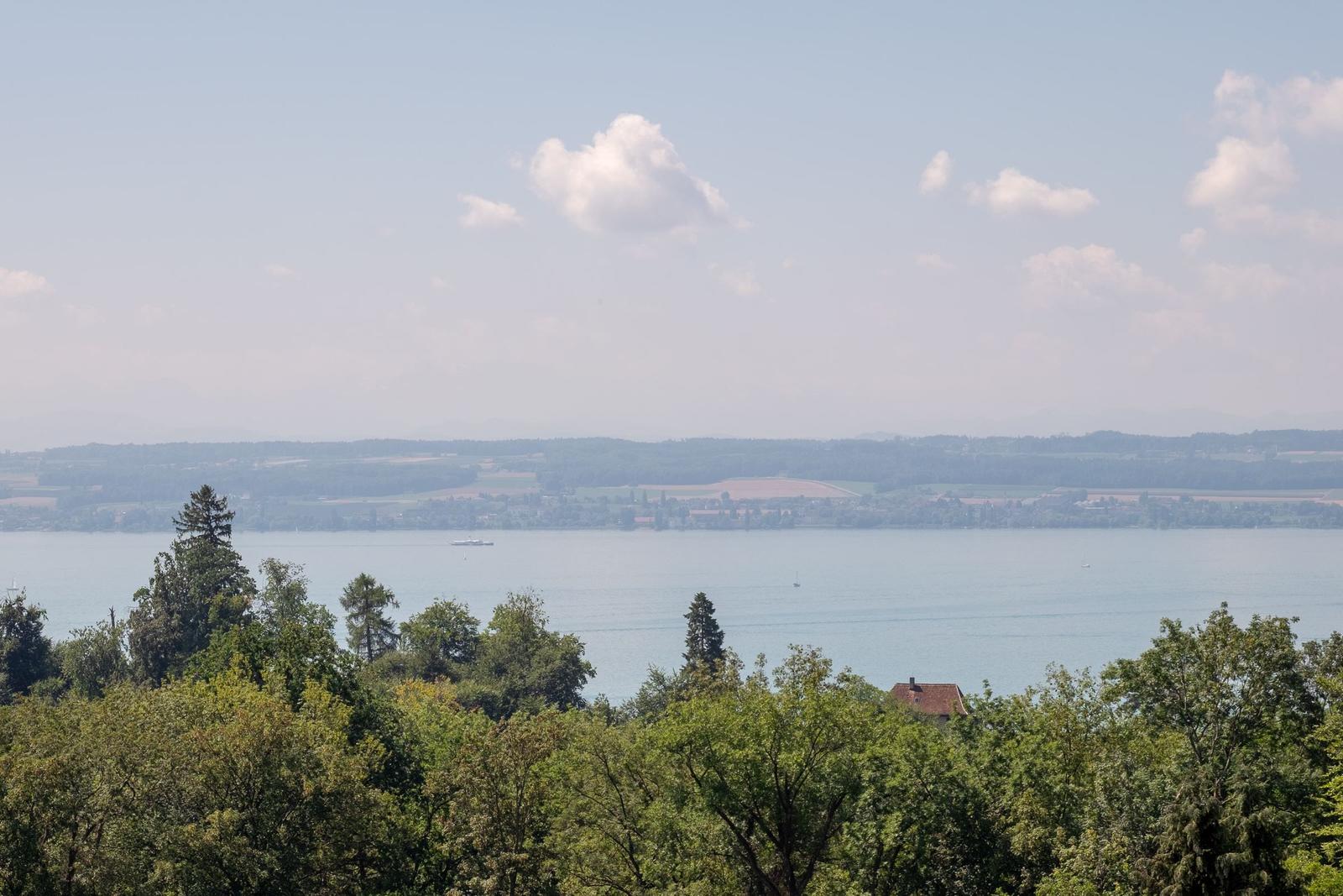 Weitläufiger Blick auf einen See mit Booten und grüner Landschaft im Hintergrund.