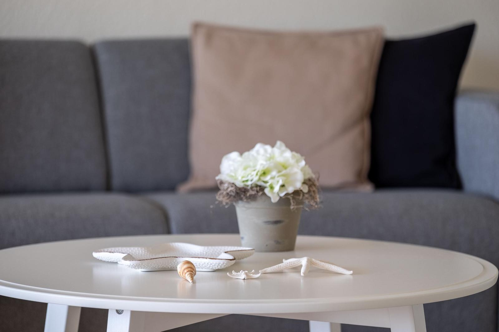 Runder Tisch mit Seesternen und Blumen vor einem Sofa mit Kissen.