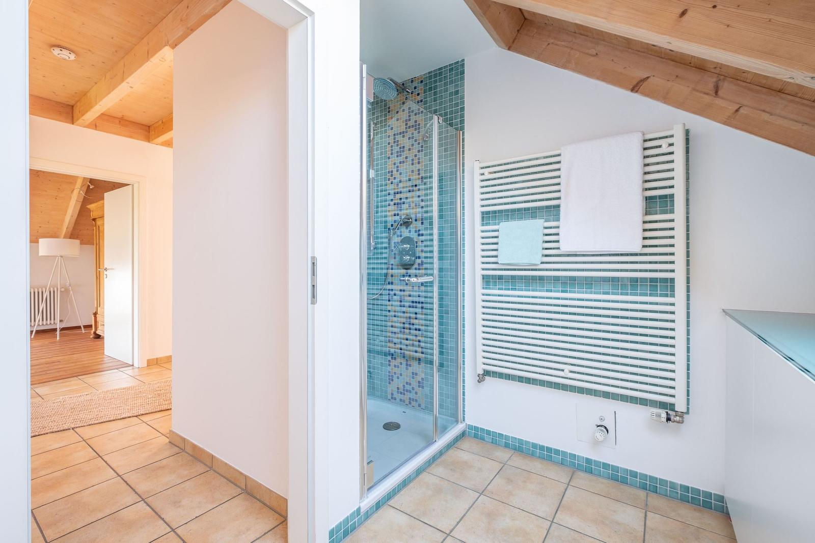 Dusche mit Mosaikfliesen, Heizkörper und Blick in Wohnbereich mit Holzdecke.