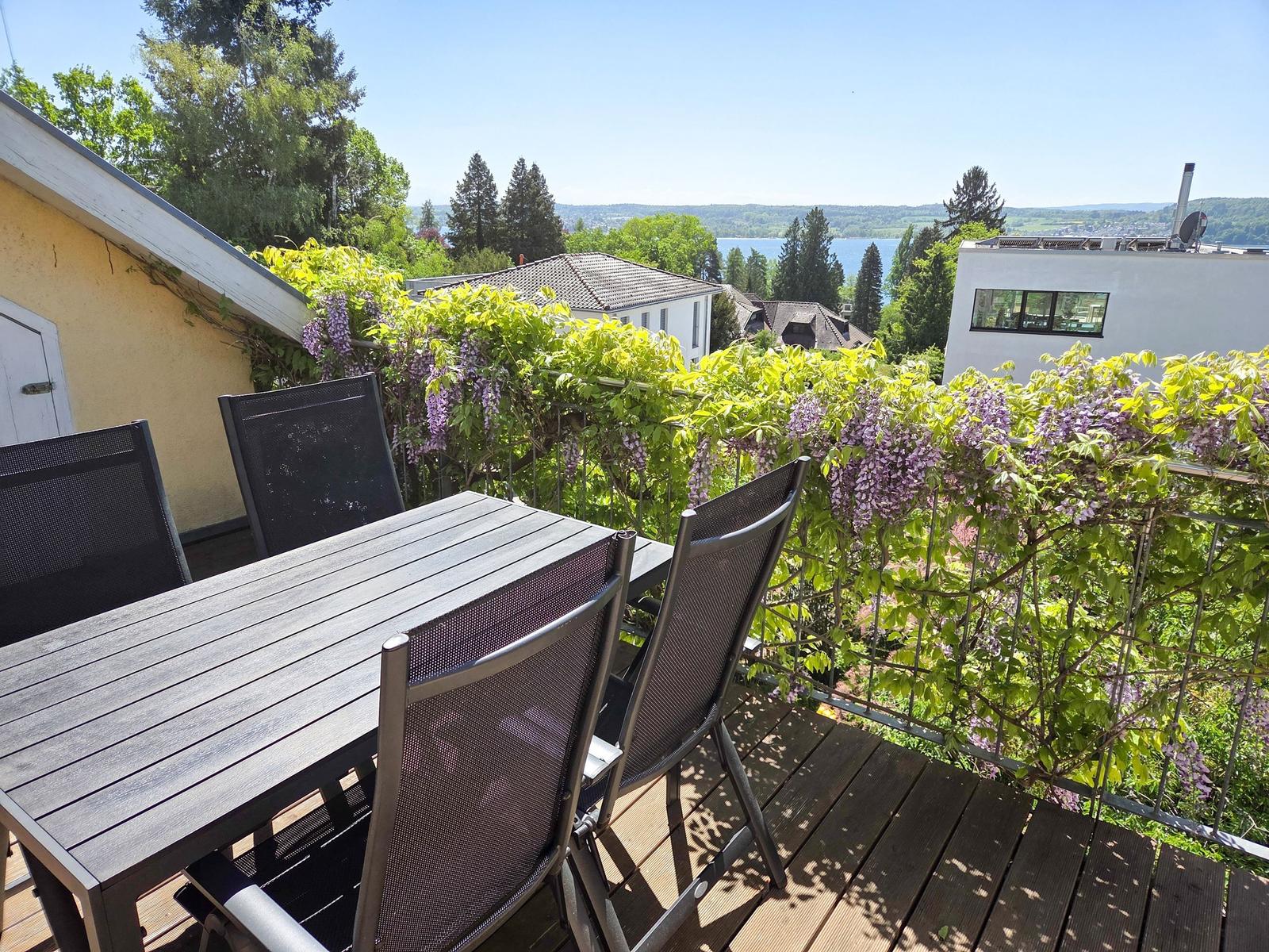 Terrasse mit Tisch und Stühlen, Blick auf See und grüne Bäume mit Wisteria.