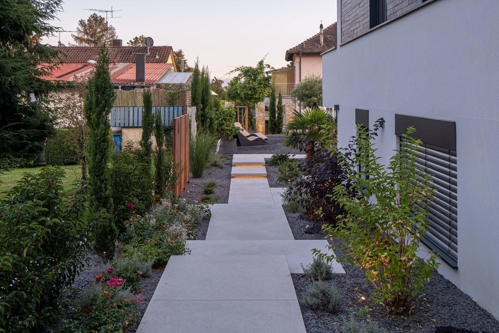 Ein gepflasterter Weg führt durch einen modernen Garten mit Beleuchtung und Pflanzen.