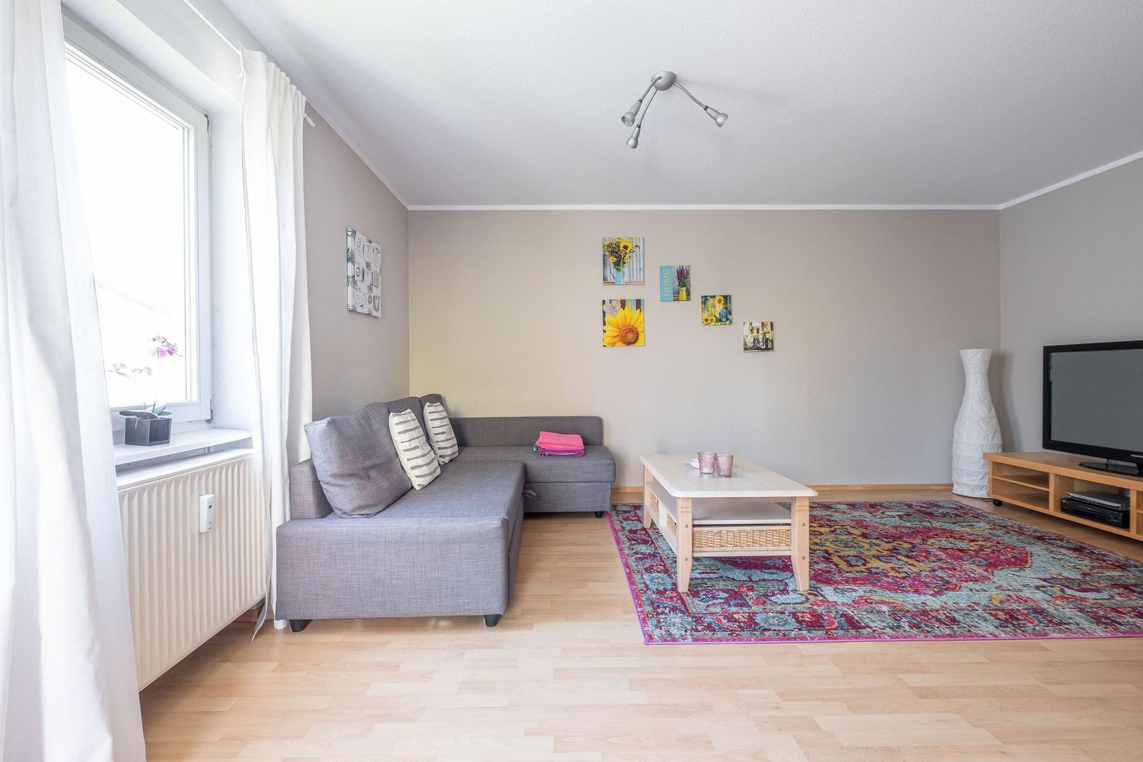 Wohnzimmer mit grauem Sofa, Holzboden und buntem Teppich. Fenster, Fernseher und Wandbilder sind sichtbar.