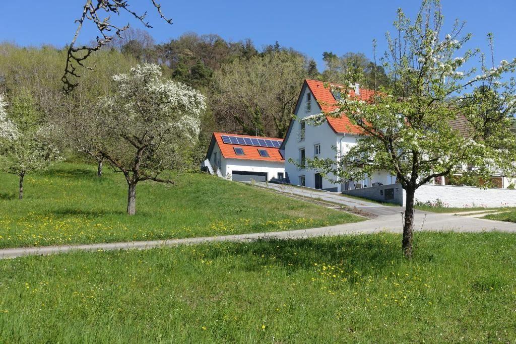 Haus mit rotem Dach auf grünem Hang, umgeben von blühenden Bäumen und einem gepflasterten Weg.