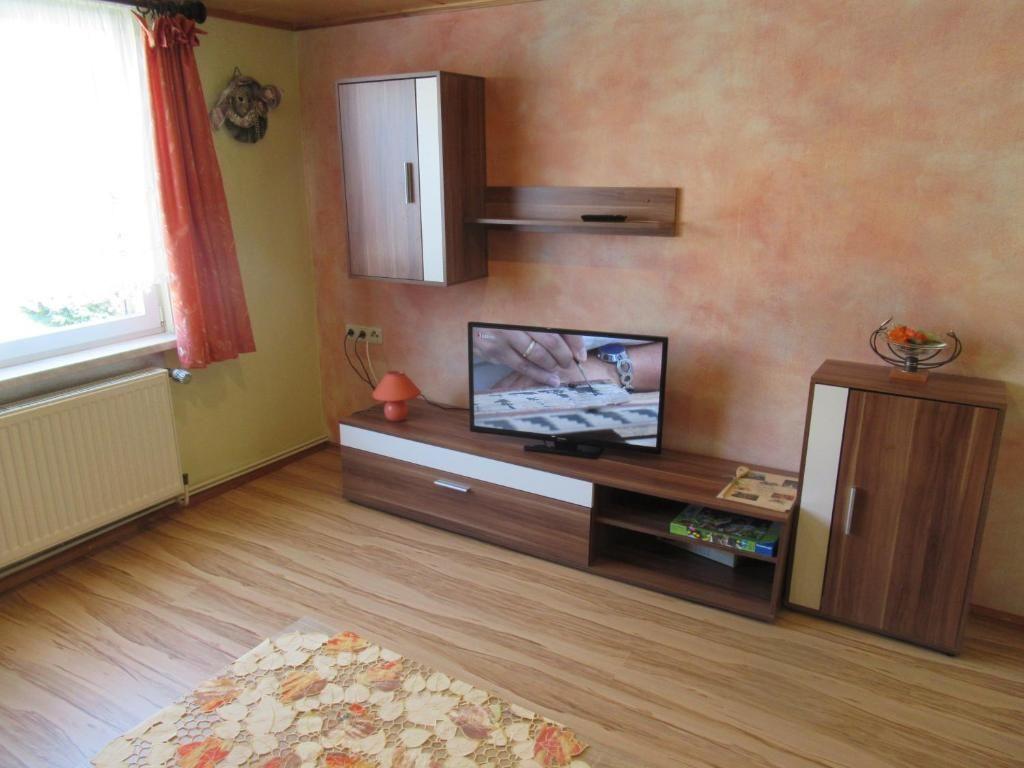 Wohnzimmer mit Fernseher, Schrank und Holzboden. Fenster mit Vorhängen.