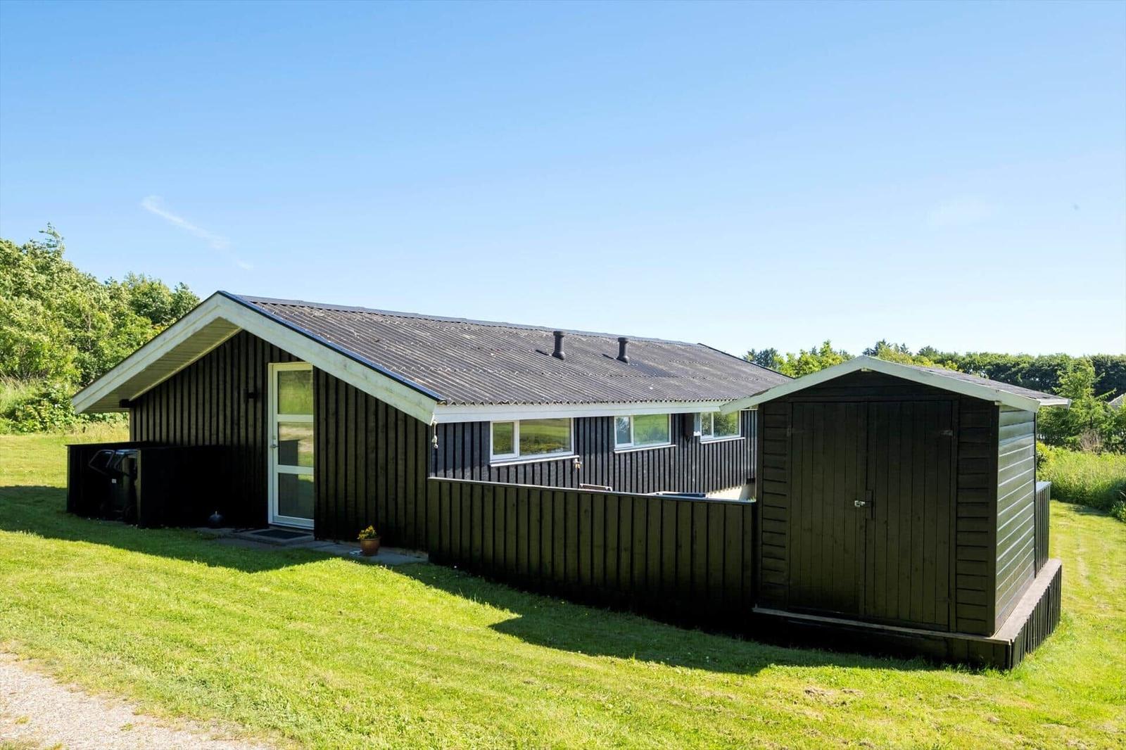 Ein dunkel verkleidetes Haus mit Garage und Schuppen auf grünem Grund.