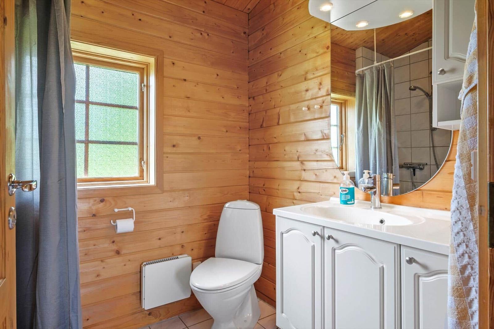 Badezimmer mit Holzwand, Toilette, Waschbecken und Spiegel