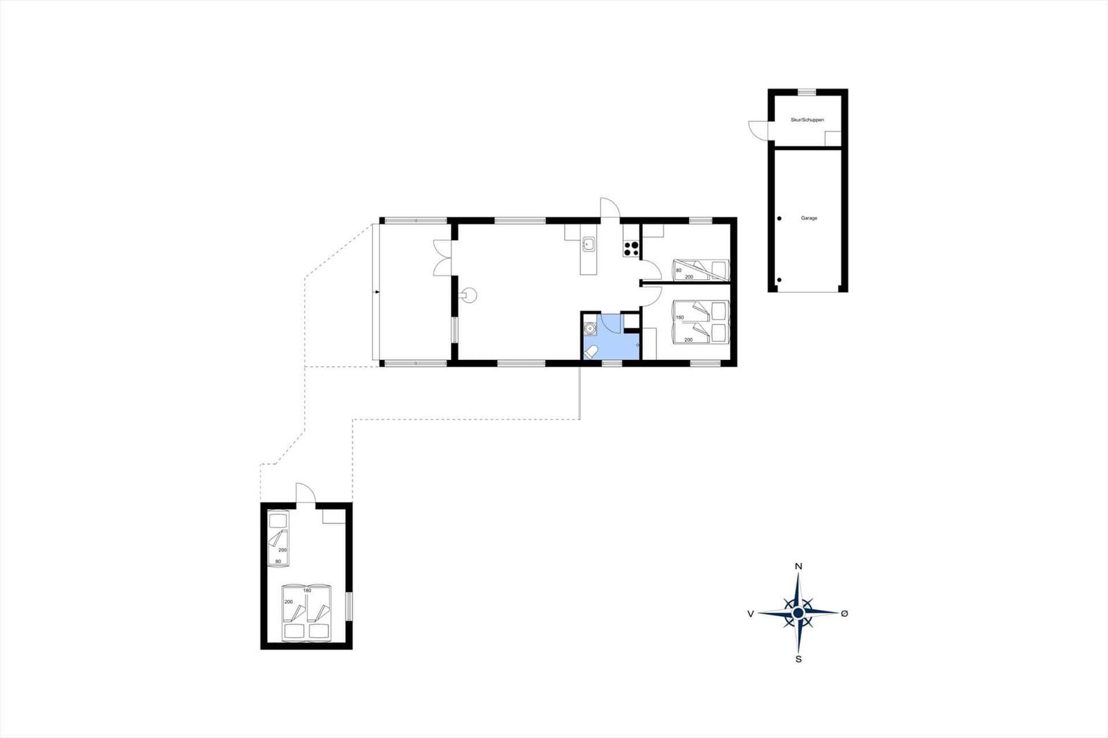 Wohnung mit zwei Schlafzimmern, Küche und Bad. Garage und Schuppen vorhanden.