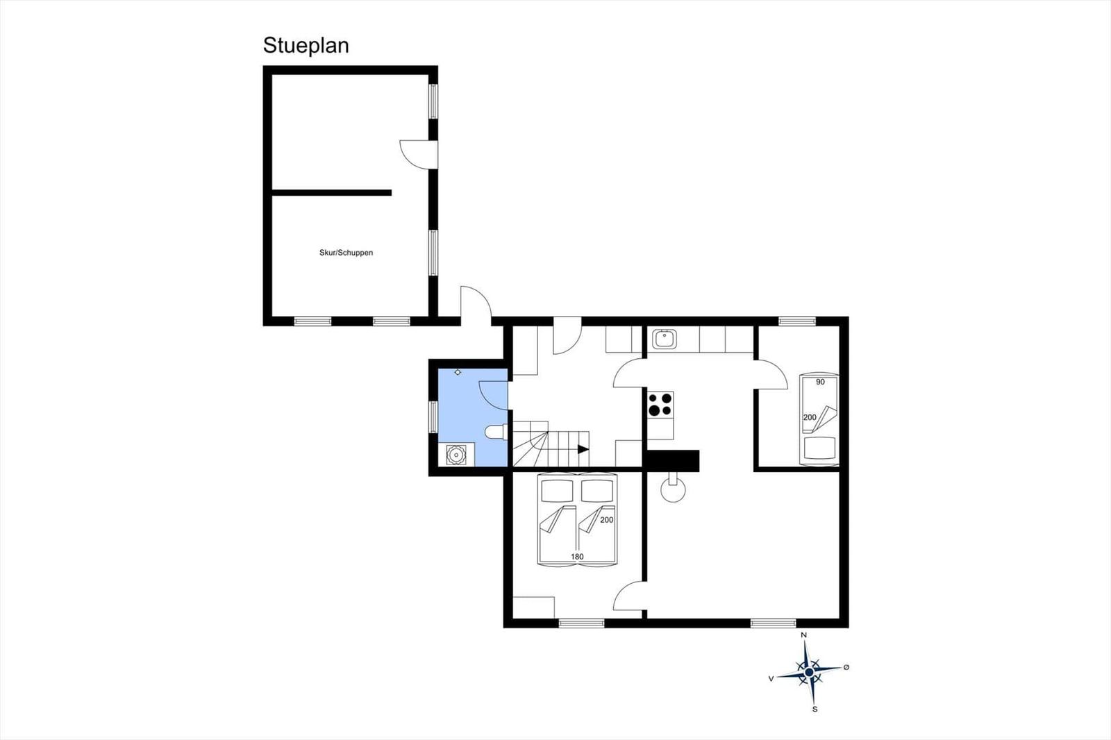 Stueplan zeigt Wohnfläche mit Küche, Schlafzimmer und Bad.