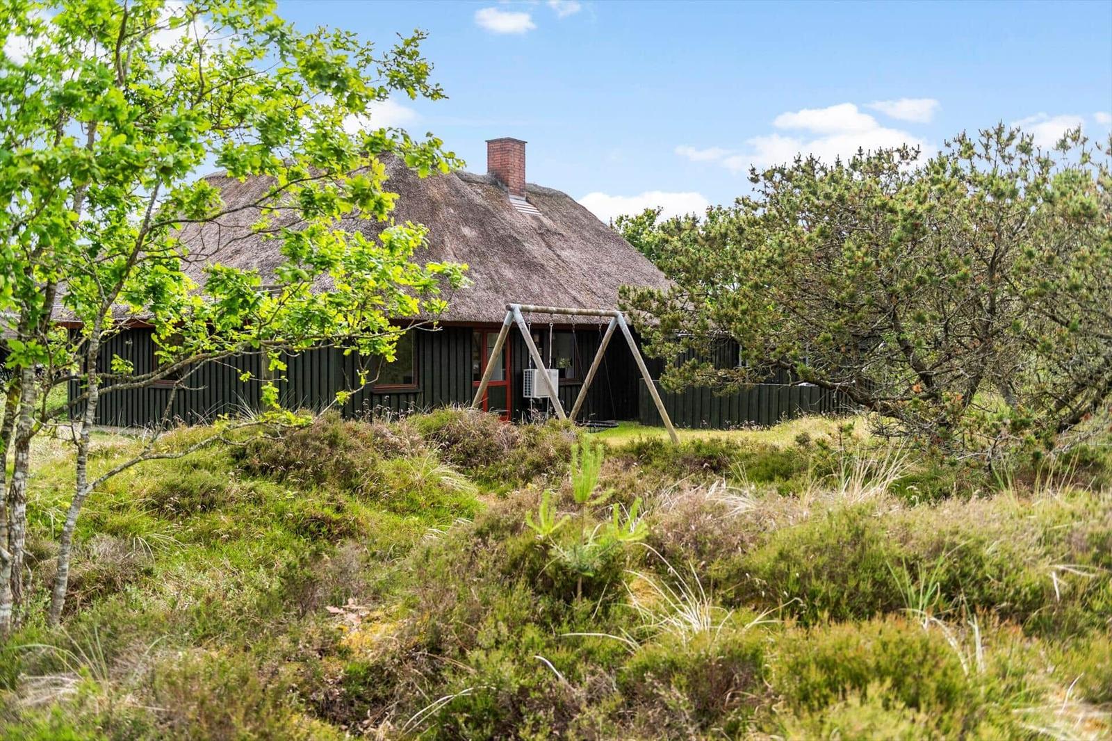 Holzhütte mit Strohdach und Schaukel im Grasland