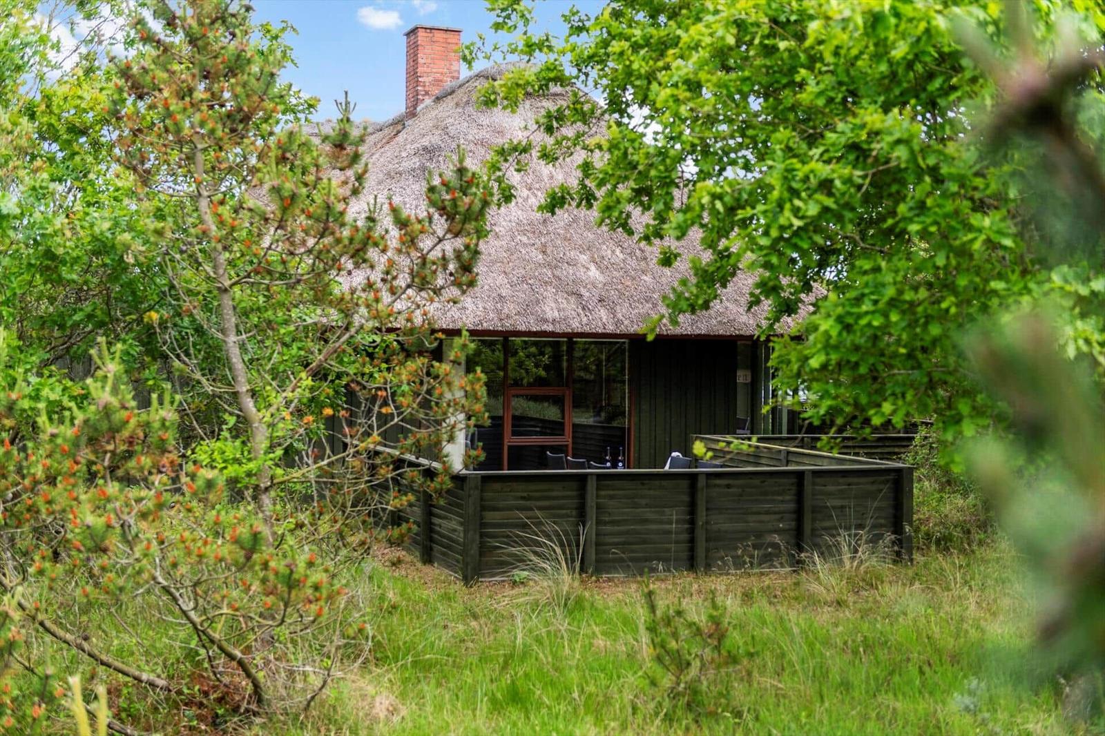 Haus mit Strohdach und Holzterrasse im Grünen