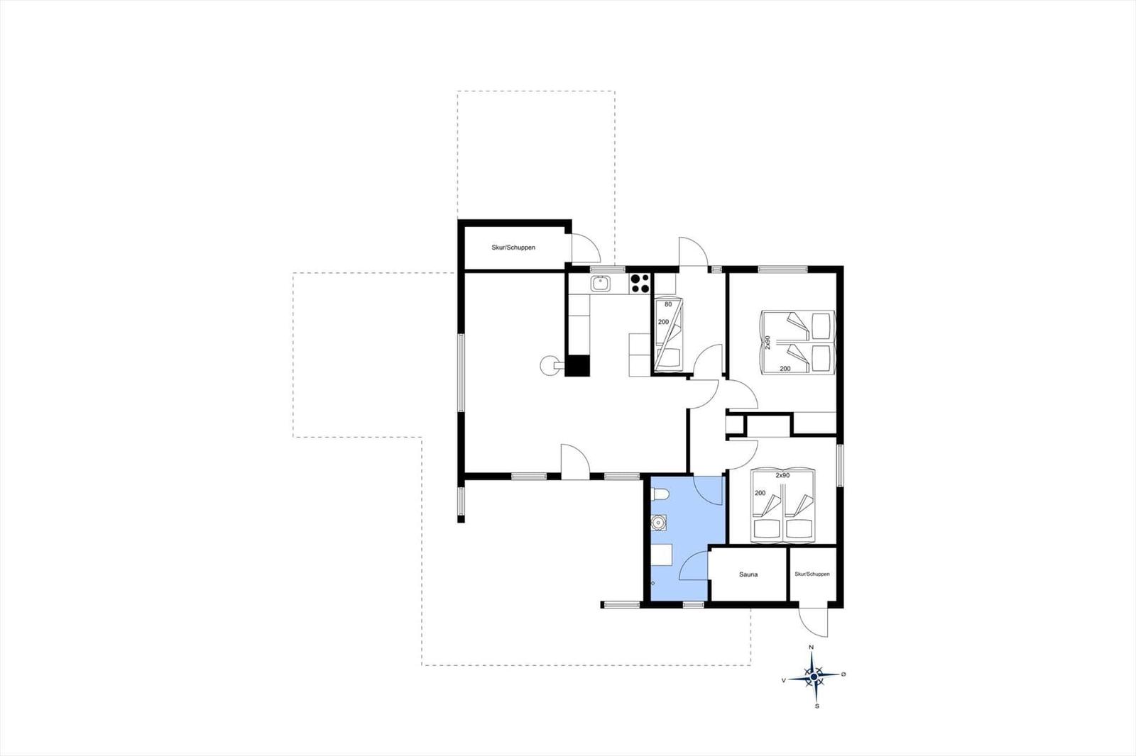 Wohnung mit Küche, Schlafzimmer, Sauna und Lagerraum. Flur mit Türen zu allen Räumen.