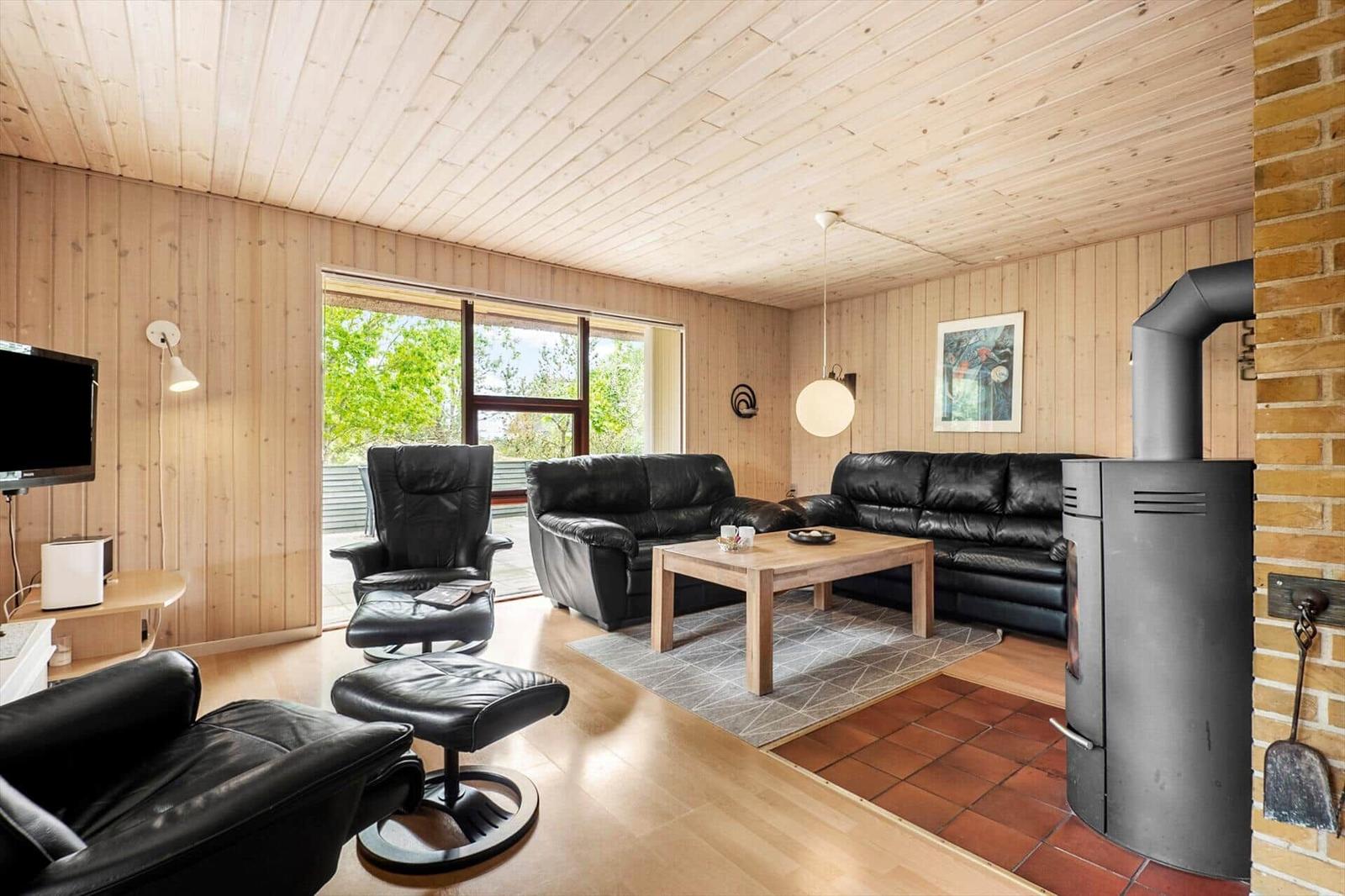 Wohnzimmer mit Holzwänden, schwarzen Ledermöbeln und Kaminofen.