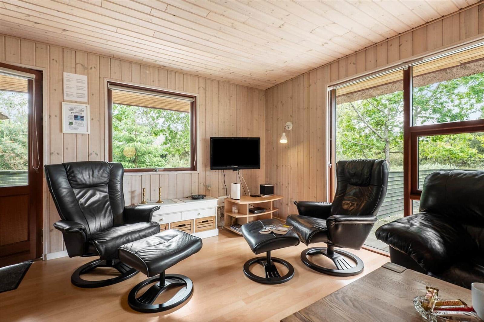 Wohnzimmer mit zwei schwarzen Sesseln, Fernseher und Holzwandverkleidung.
