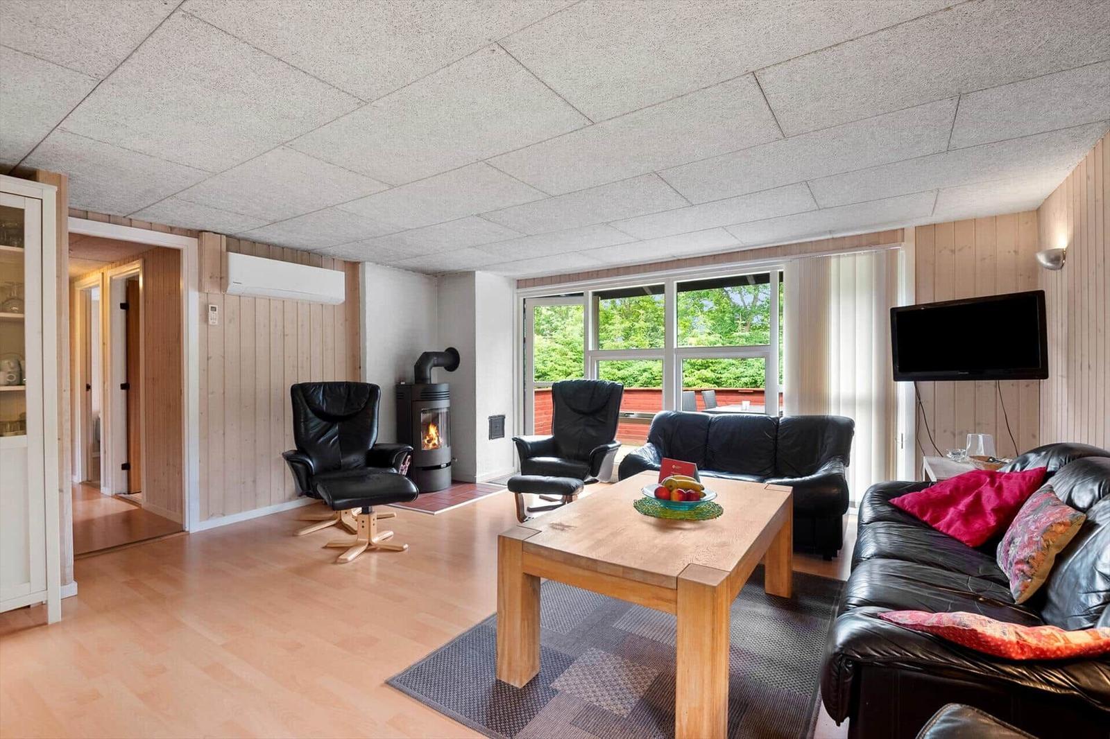 Wohnzimmer mit Holzfußboden, schwarzen Ledermöbeln und Kaminofen. Fenster blicken auf grüne Bäume.