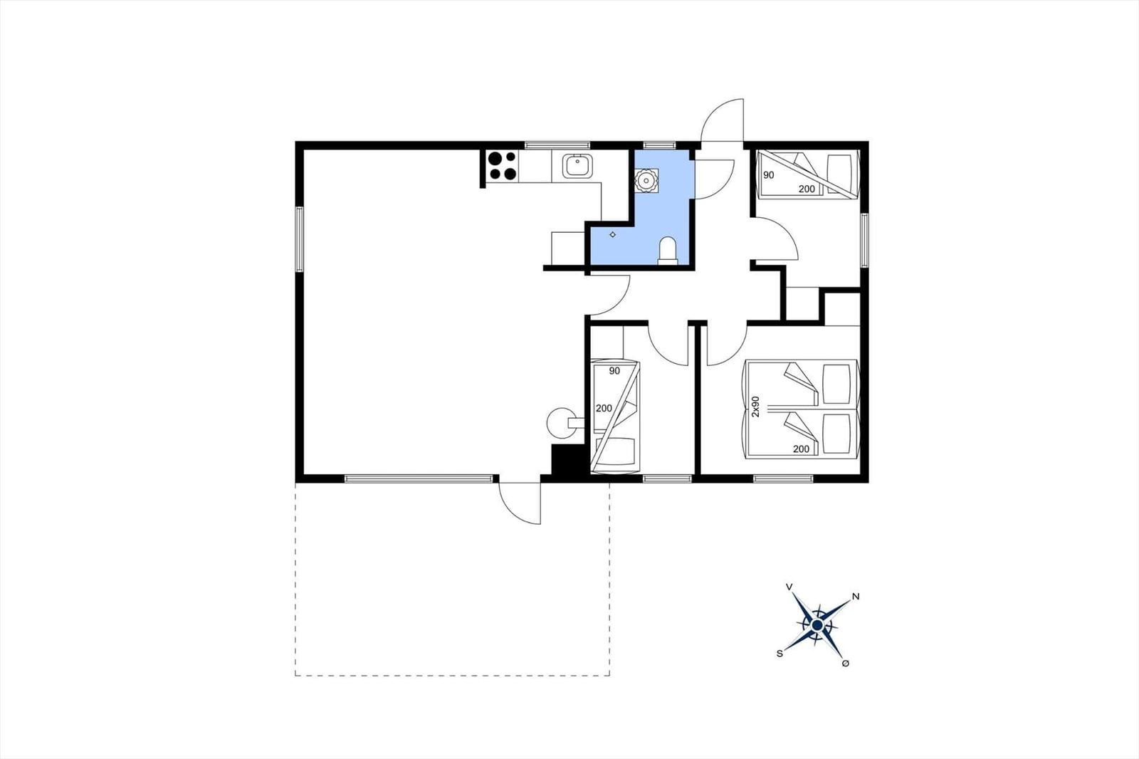 Wohnung mit Küche, Bad, zwei Schlafzimmern und Wohnbereich. Raumplan mit Orientierung.