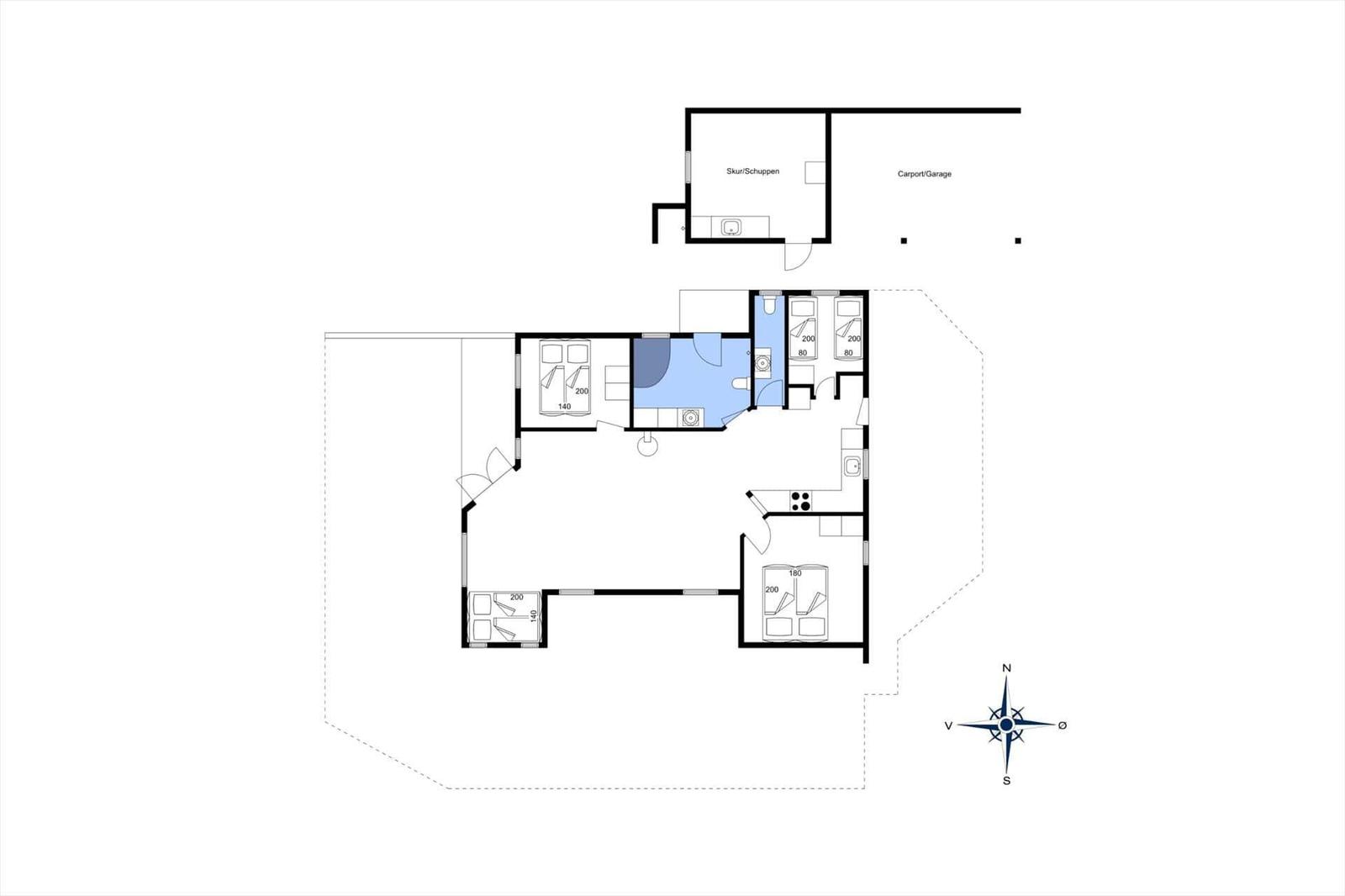 Funktionaler Grundriss mit Schlafzimmern, Küche und Garage.