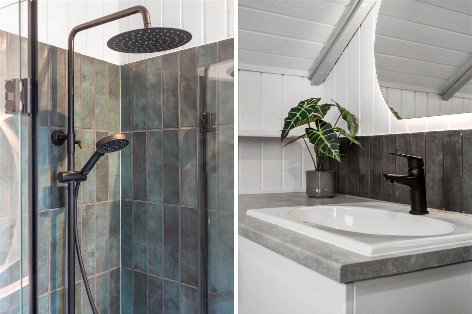 Dusche mit Duschbrause und Waschbecken mit Pflanze