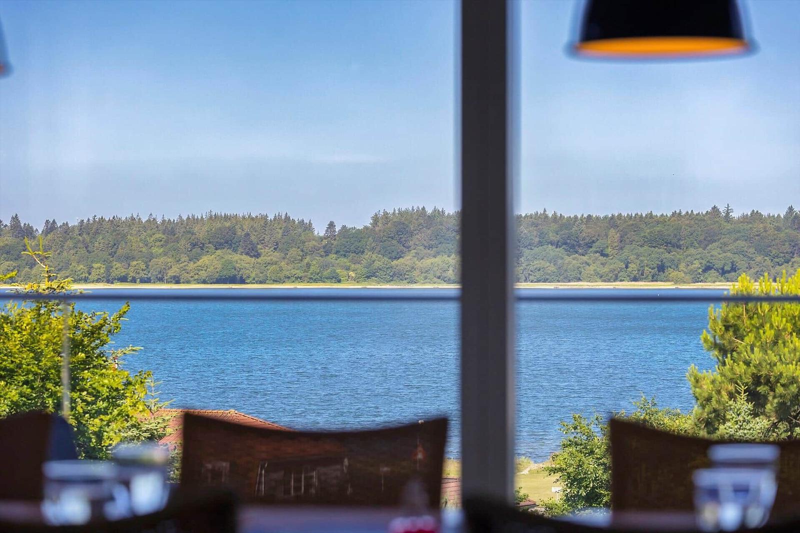 Aus dem Fenster blickt man auf einen See mit Wald im Hintergrund.