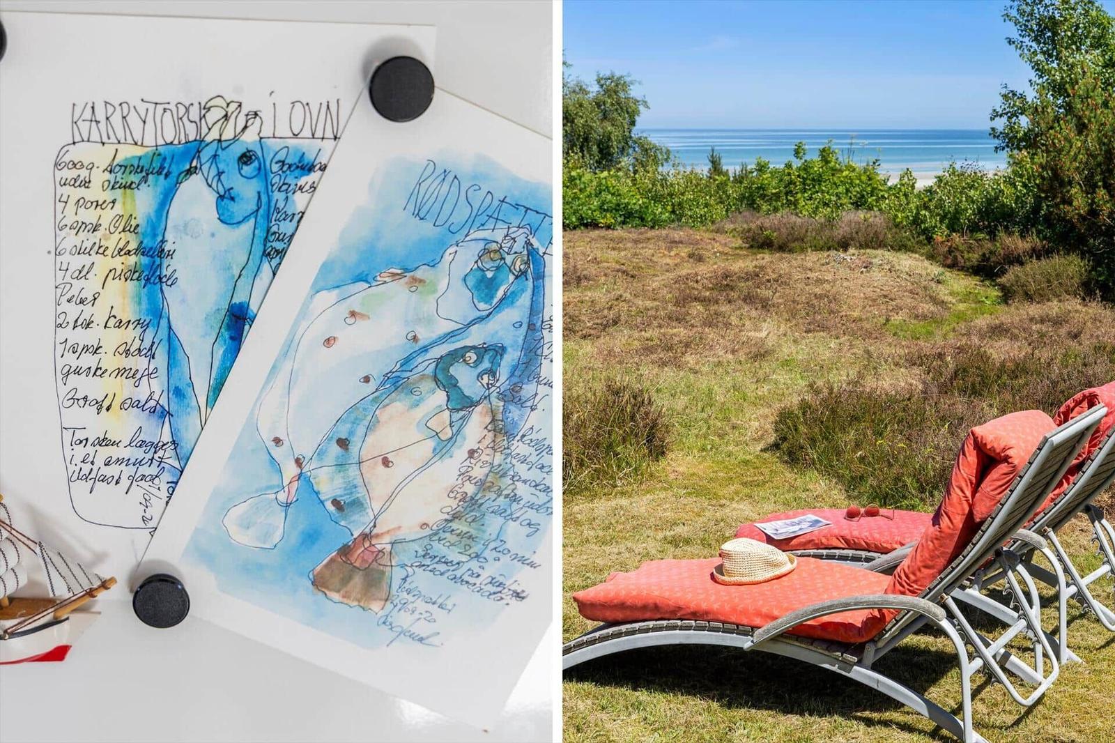 Küche mit Zeichnungen von Fischen und Rezepten. Außengelände mit Liegestühlen und Blick aufs Meer.
