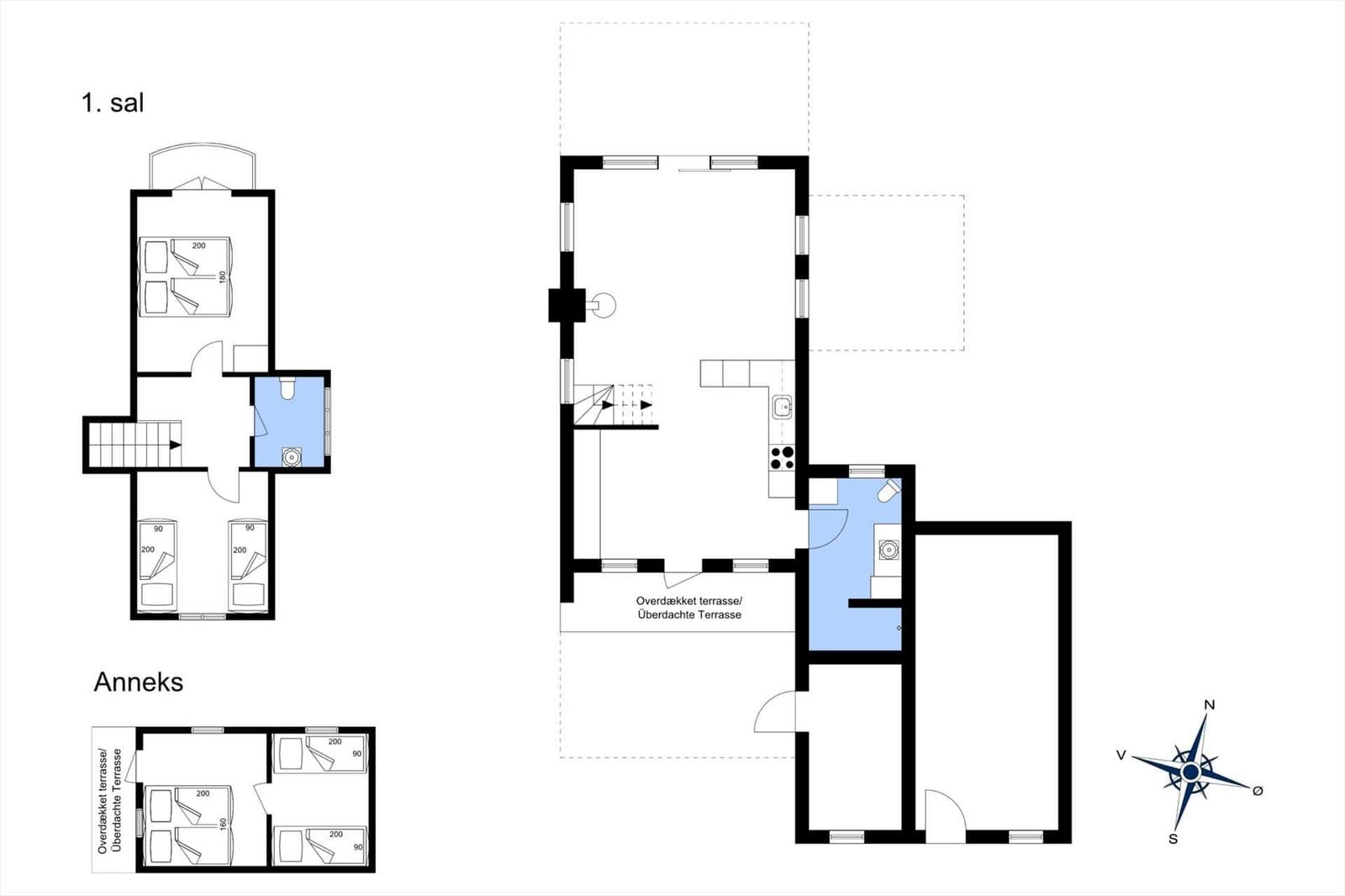 Funktionaler Grundriss mit Schlafzimmern, Küche und überdachter Terrasse.