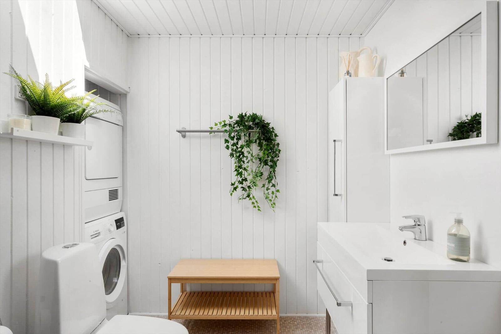Bathroom with washing machine, mirror, and plants on the wall.