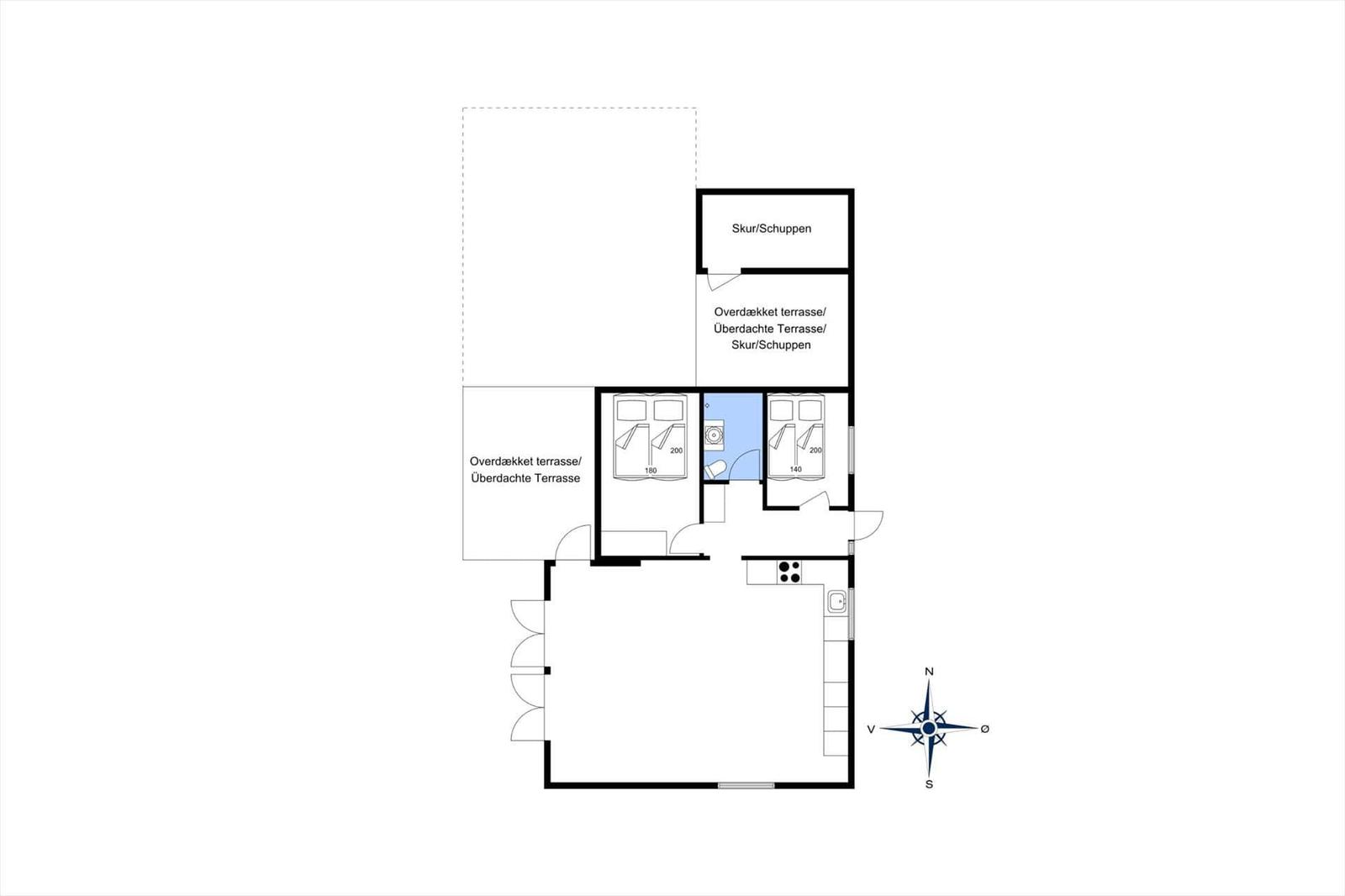 Wohnung mit zwei Schlafzimmern, Küche und überdachter Terrasse.