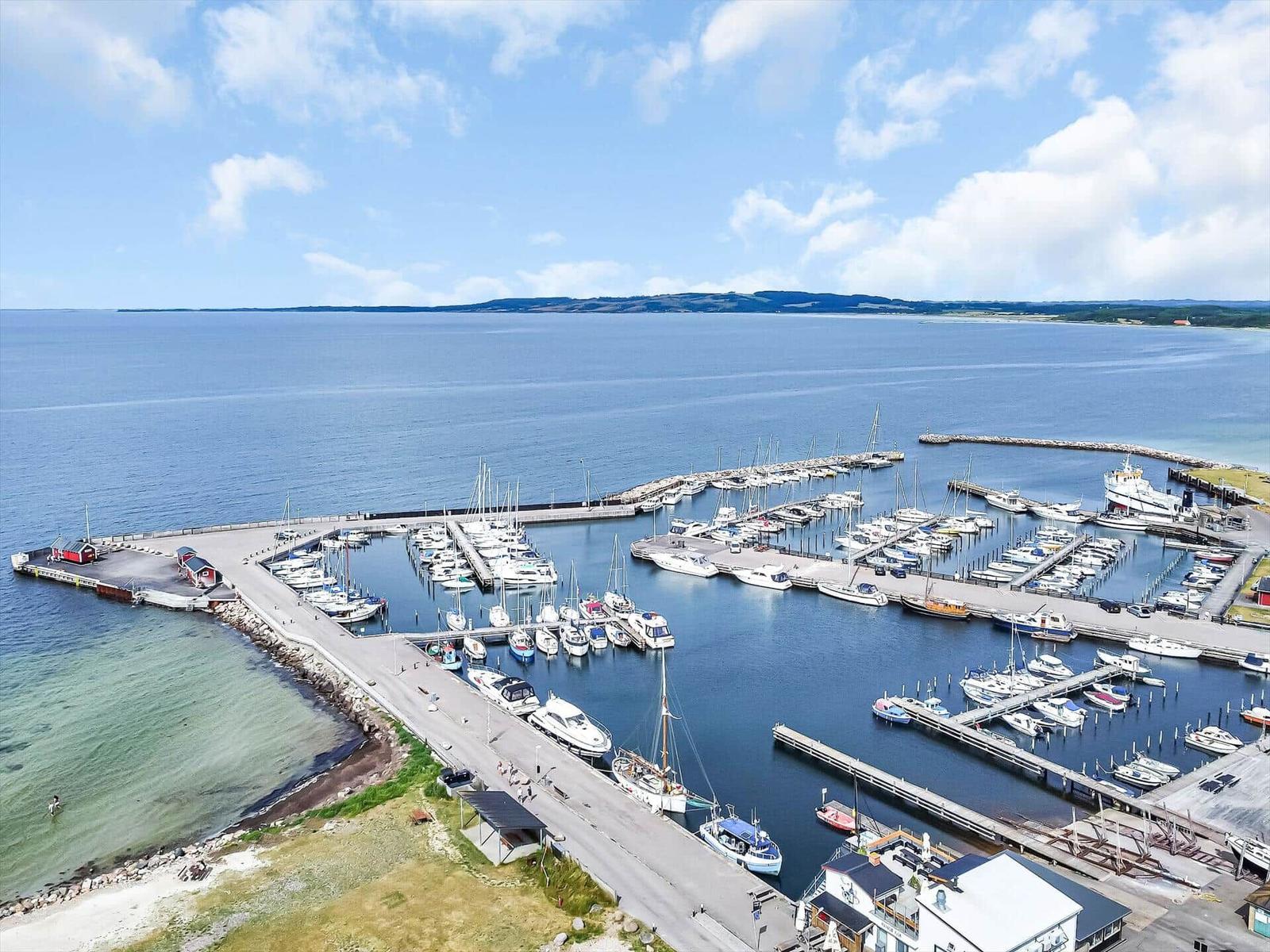 Marina with boats and piers on a sunny day.