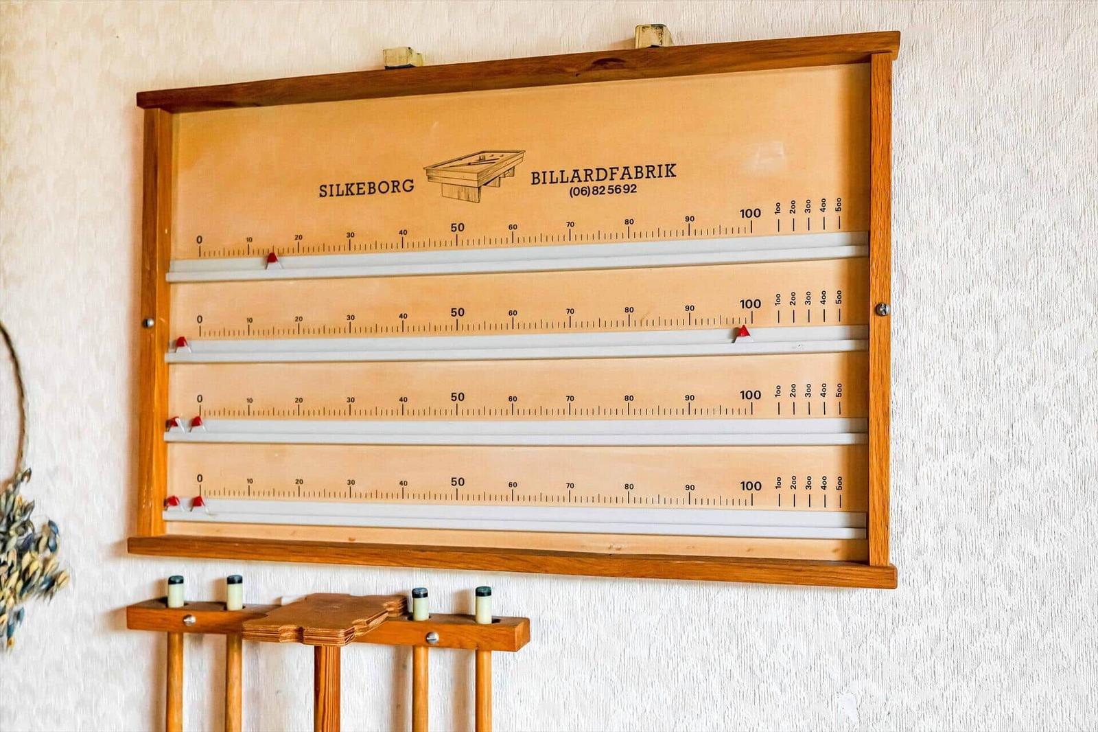Wall-mounted billiard measuring device with four scales and a cue rack.