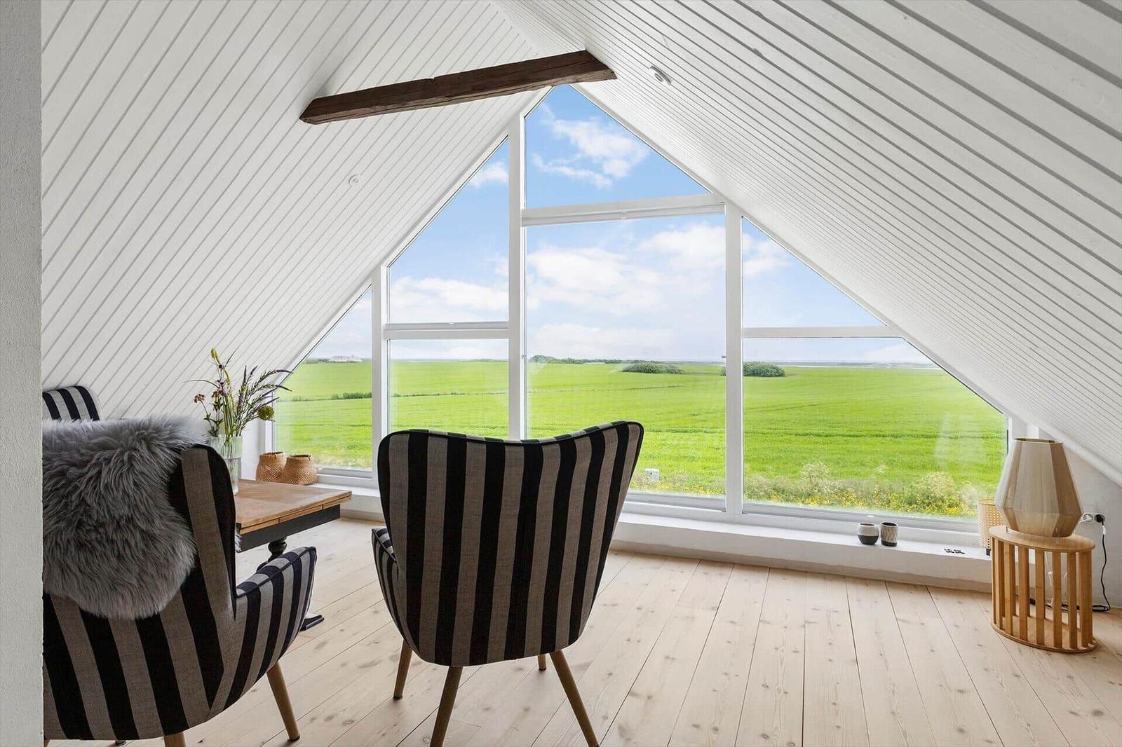 Zimmer mit schrägen Wänden, großem Fenster und Blick auf grünes Feld.