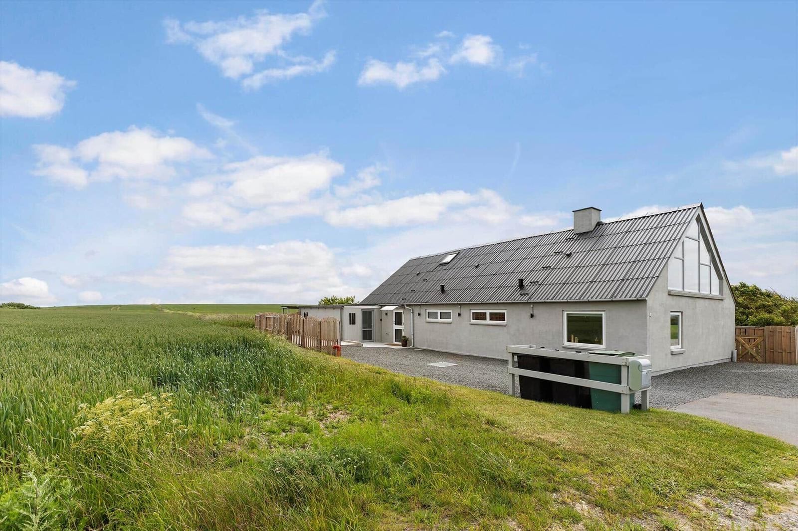 Moderne Villa mit Dachfenster und großem Gartenbereich unter blauem Himmel.