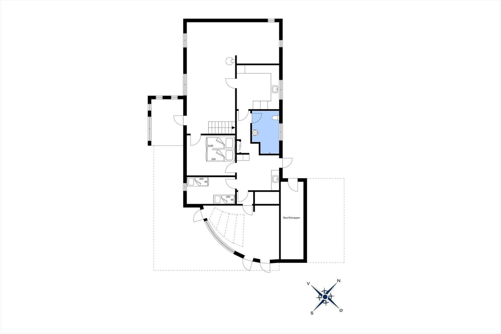 Wohnungsgesamtplan mit Schlafzimmer, Küche und Bad.