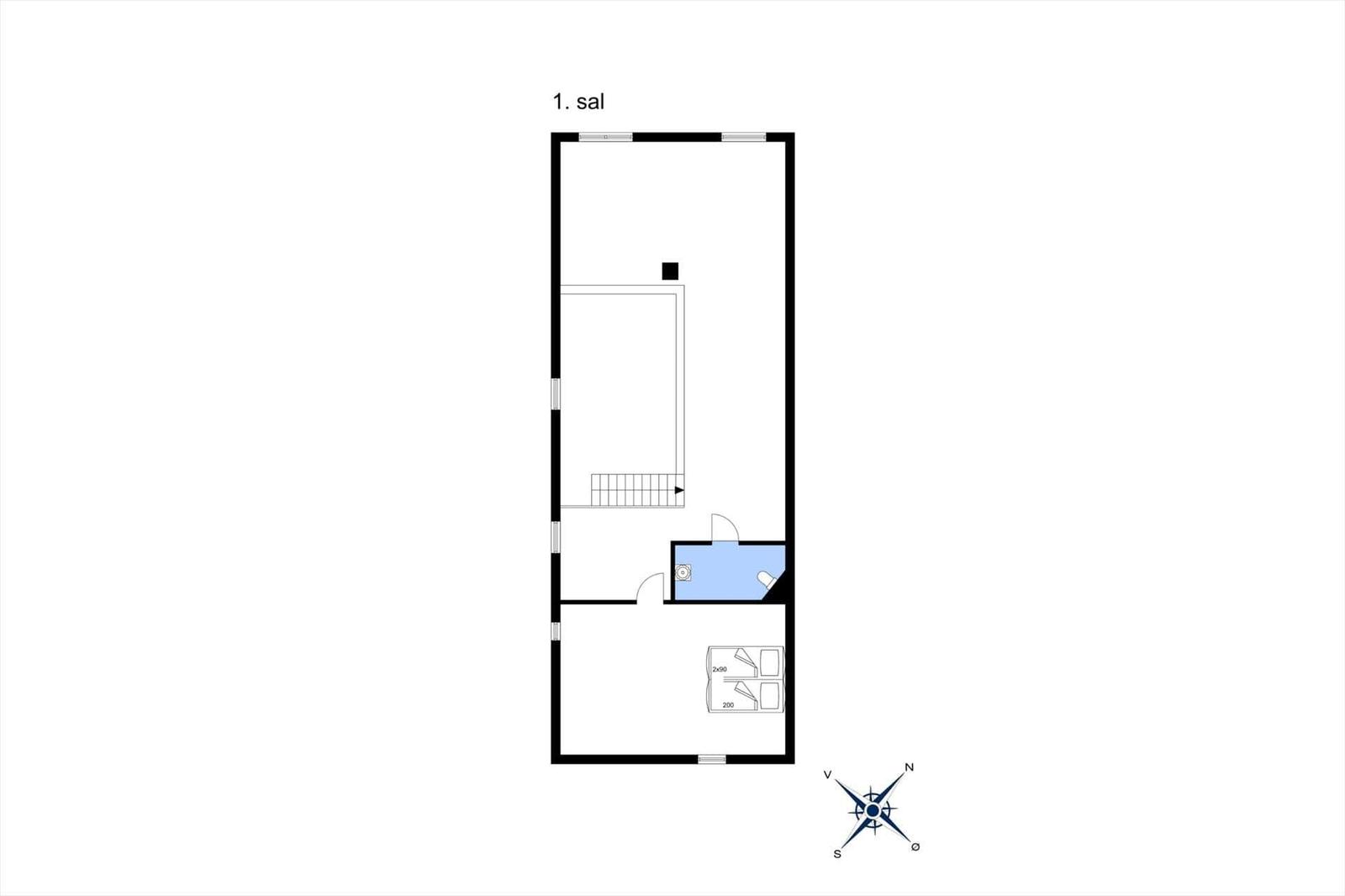 Erster Stock mit Schlafzimmer, Bad und Treppenhaus.