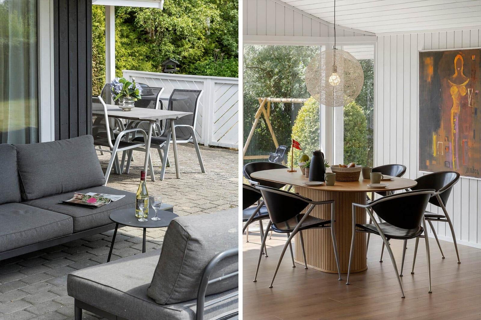 Terrasse mit Sofa und Tisch. Esszimmer mit Tisch, Stühlen und Wandbild.