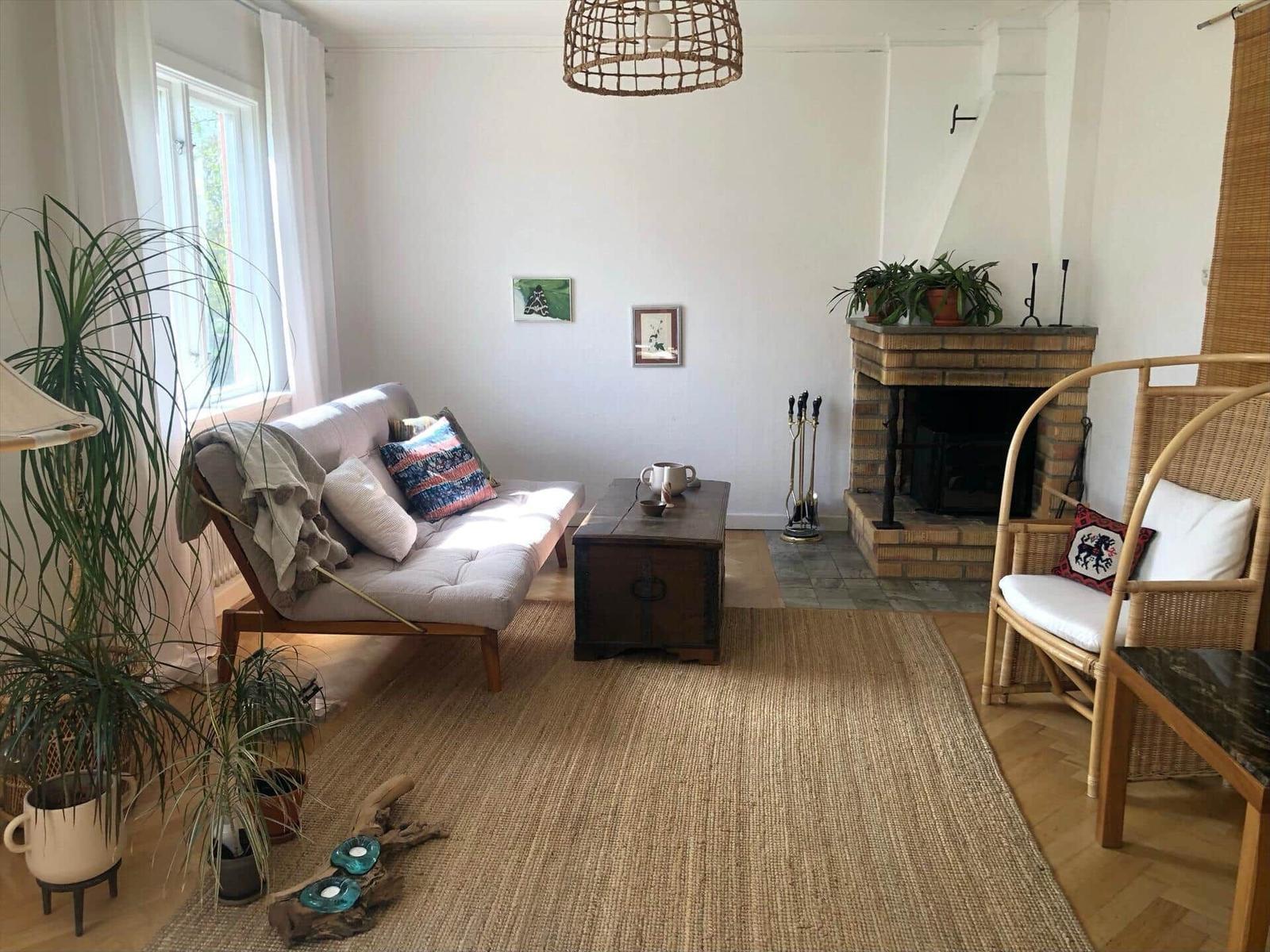 Wohnzimmer mit Sofa, Kamin und Pflanzen. Holzfußboden und Teppichboden.