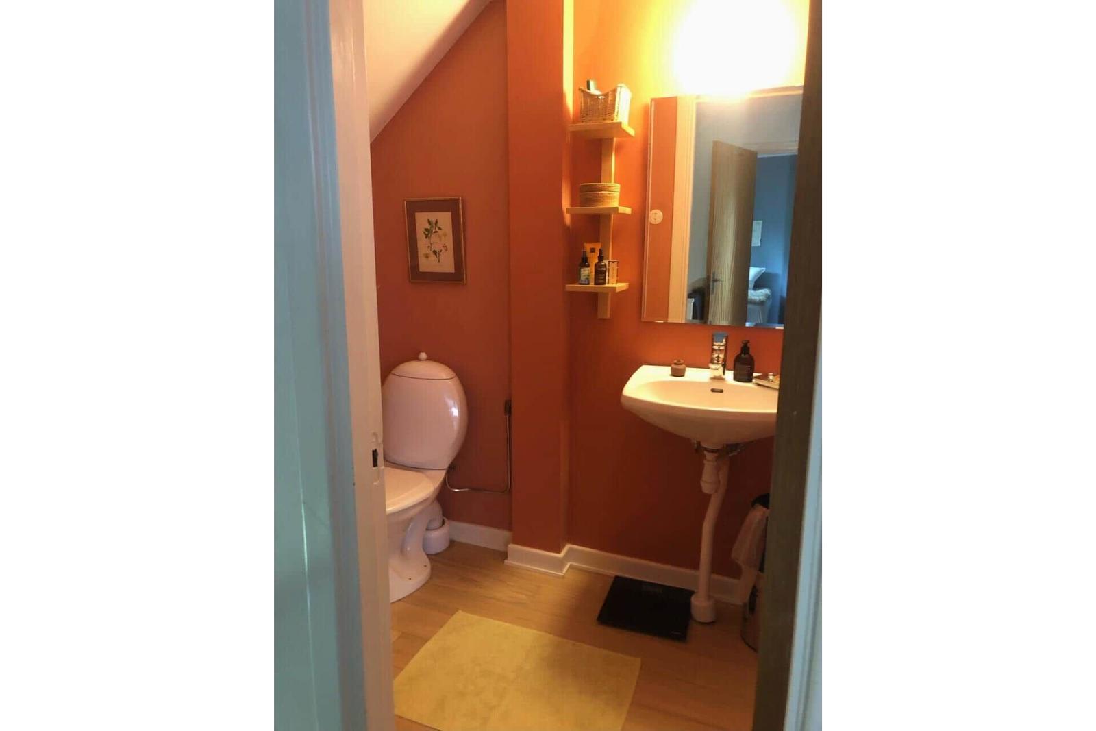 Badezimmer mit Toilette, Waschbecken und Spiegel an orangefarbenen Wänden.