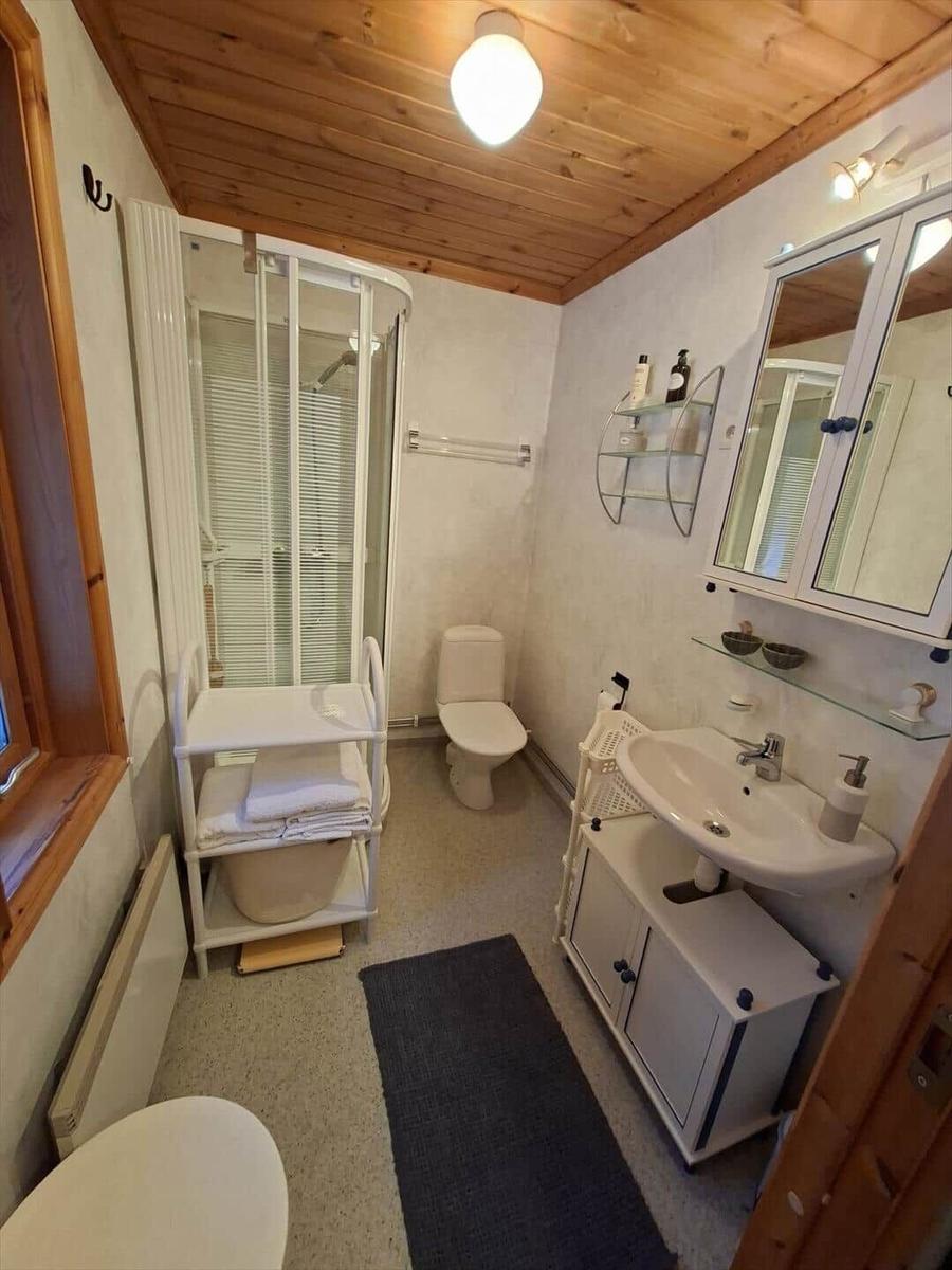 Badezimmer mit Dusche, Toilette, Waschbecken und Spiegel.