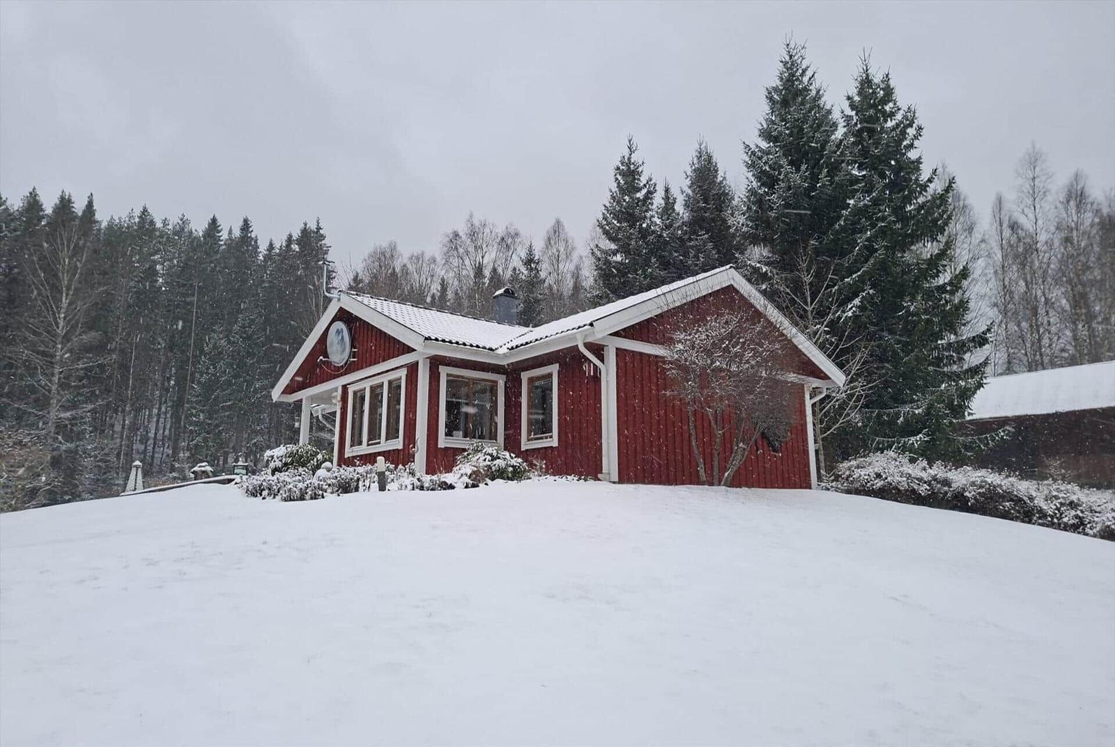 Rotes Haus mit Schnee bedecktem Dach und Fenstern in einer verschneiten Waldlandschaft.