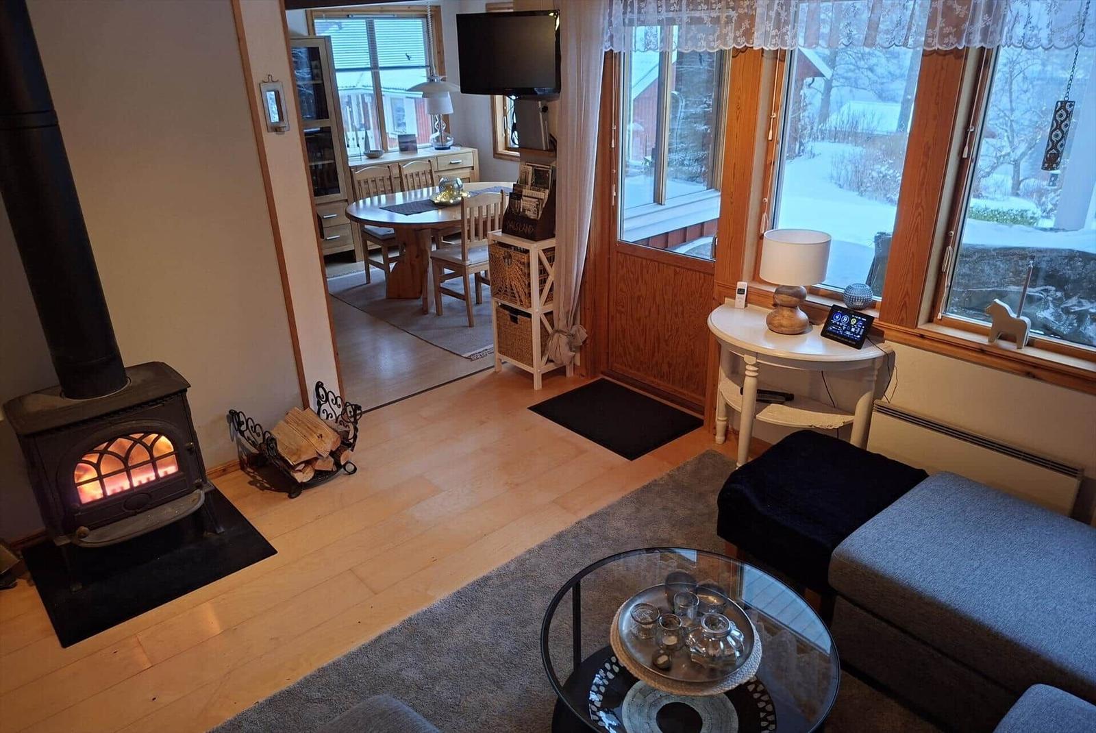 Wohnzimmer mit Kamin, Glas-Tisch und Fensterblick auf Schnee