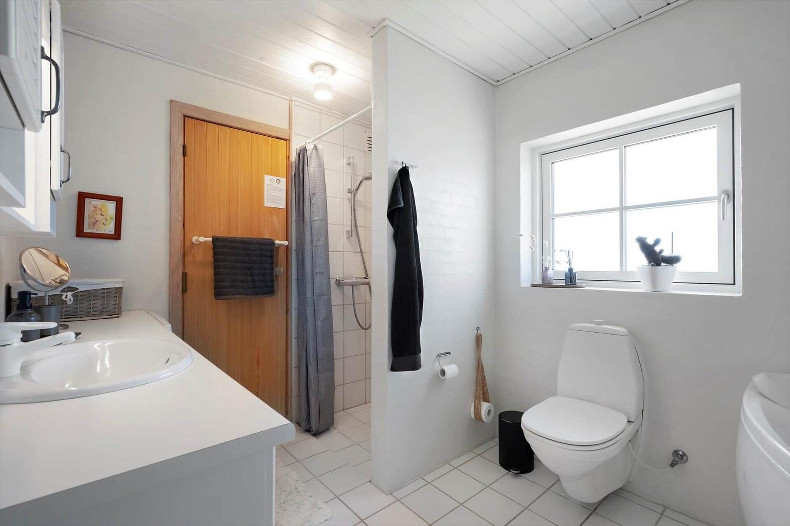 Badezimmer mit Dusche, Toilette und Waschtisch. Fenster mit Pflanze.
