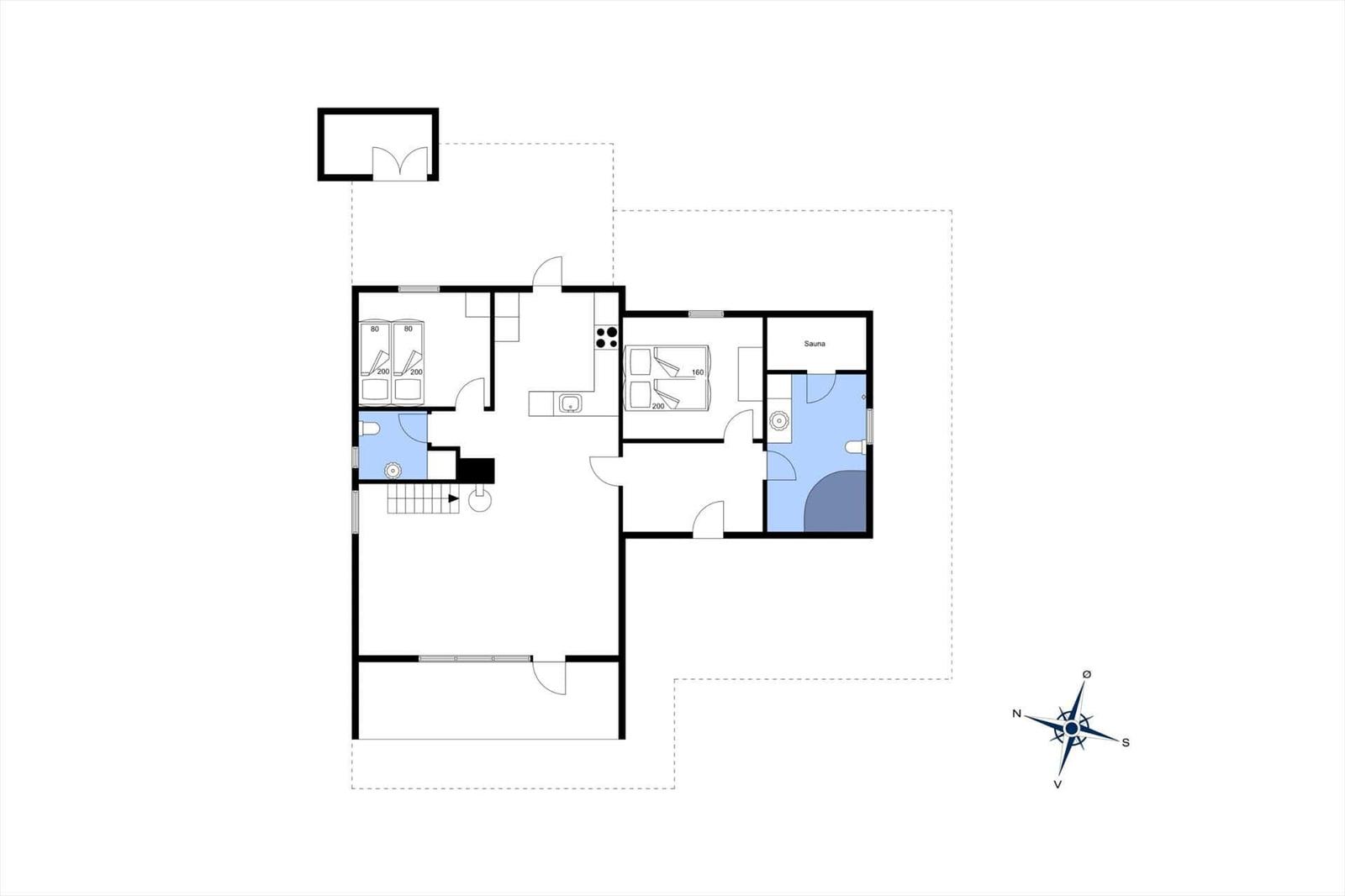 Wohnung mit Sauna, Küche und Schlafzimmer. Raumplan mit Orientierung.