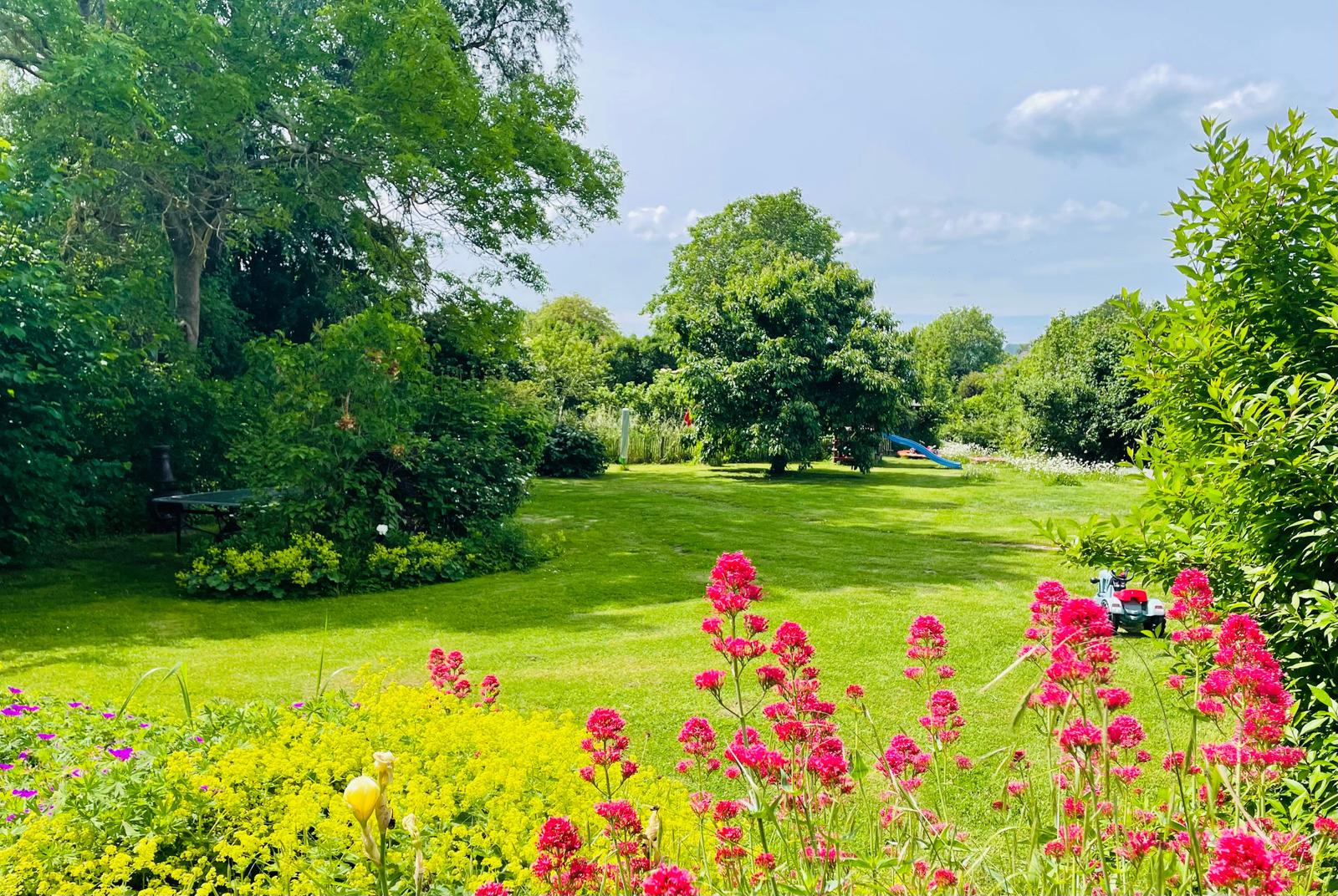 Großer grüner Garten mit Blumen und Spielplatz im Hintergrund.