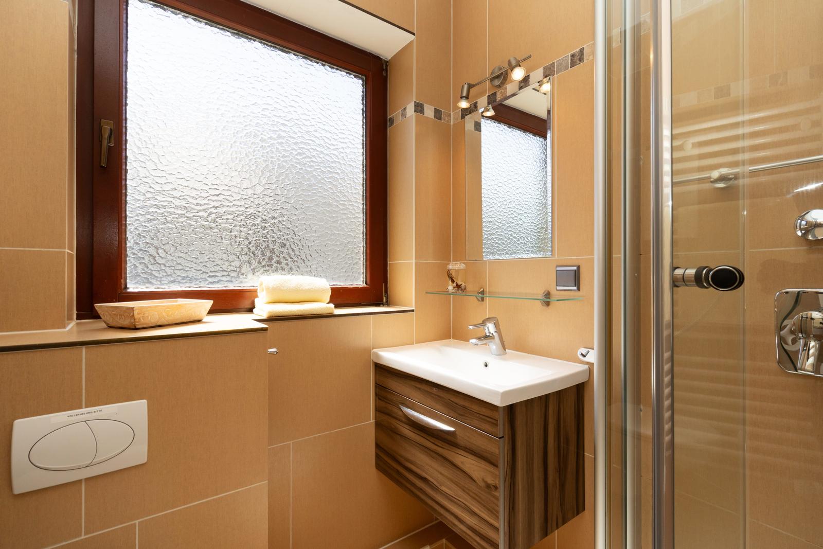 Badezimmer mit Dusche, Waschbecken und Fenster mit getöntem Glas.