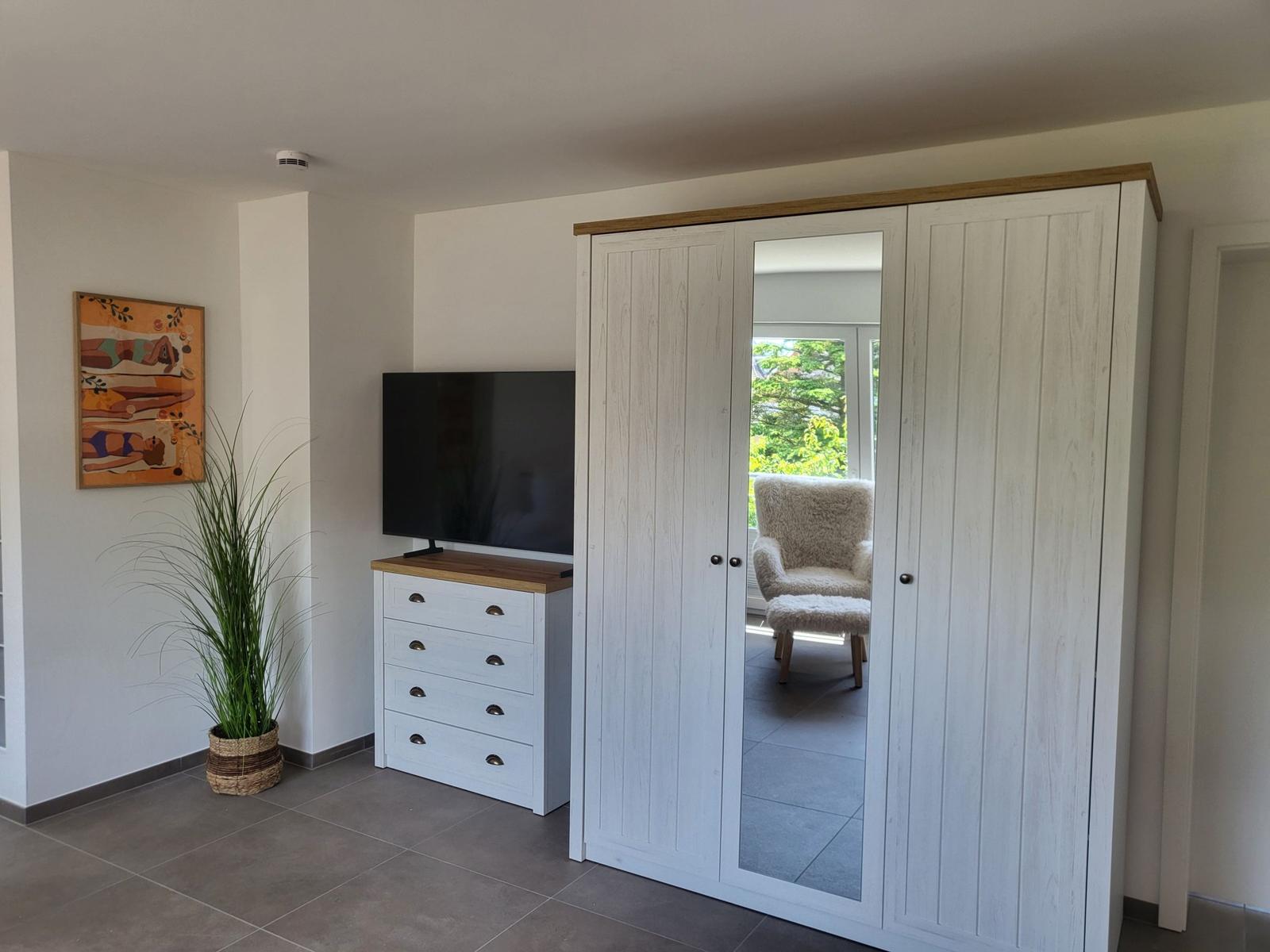 Schlafzimmer mit Kleiderschrank, Fernseher und Pflanze.