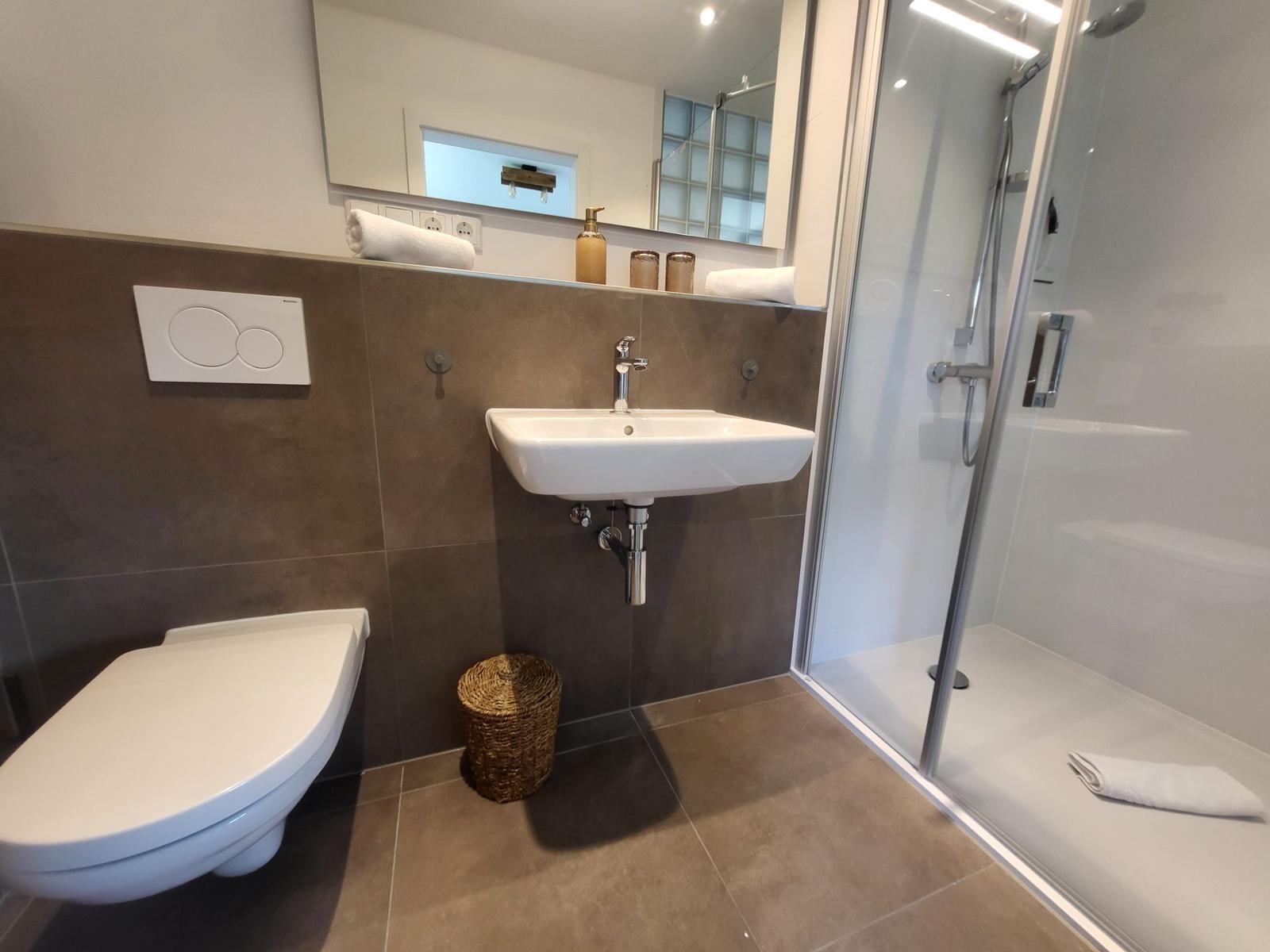 Badezimmer mit Dusche, Waschbecken und Toilette. Wandfliesen und Spiegel sichtbar.