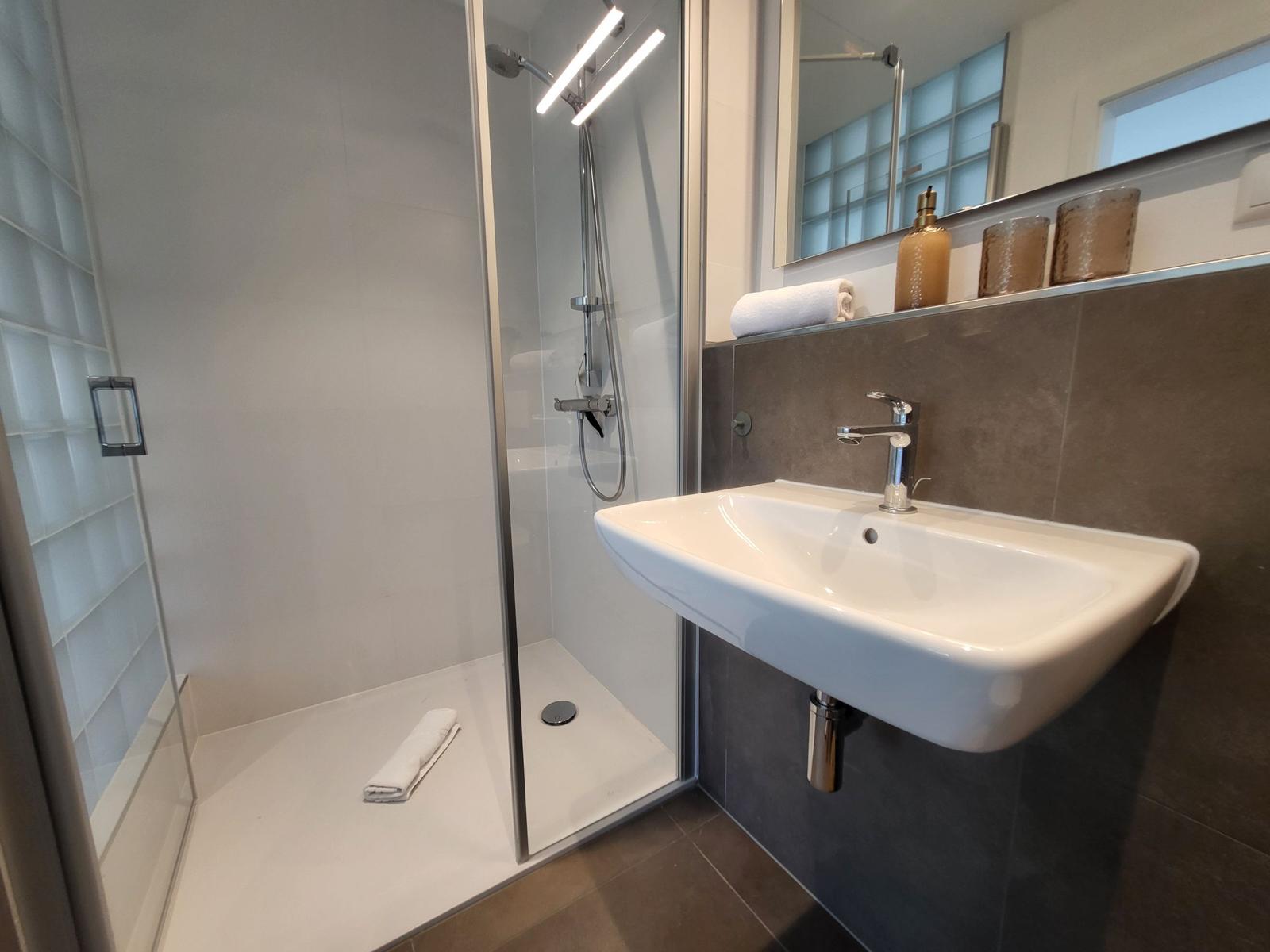 Dusche mit Duschbrause und Spiegel über Waschbecken.