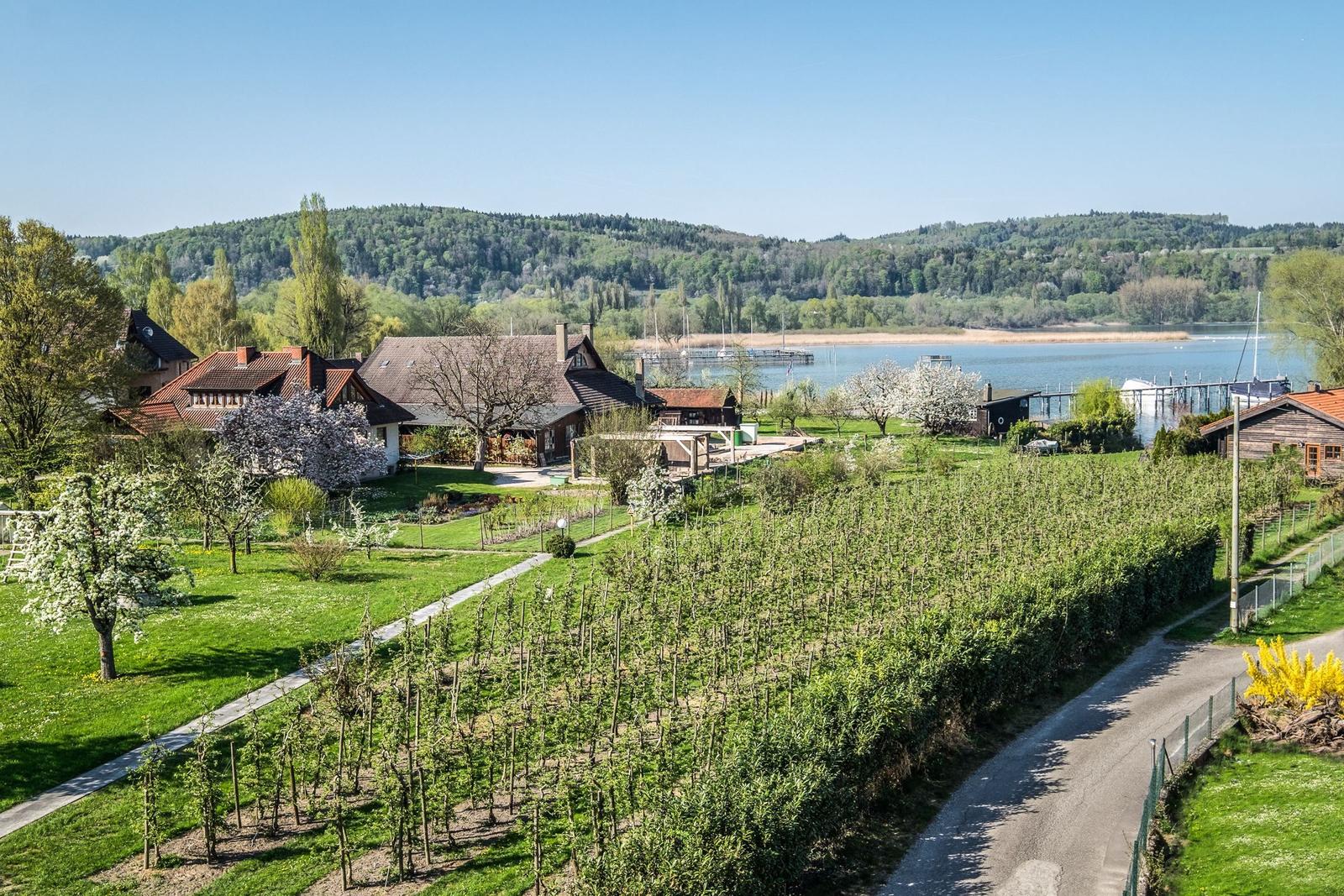 Haus mit Garten und Blick auf See und Hügel.