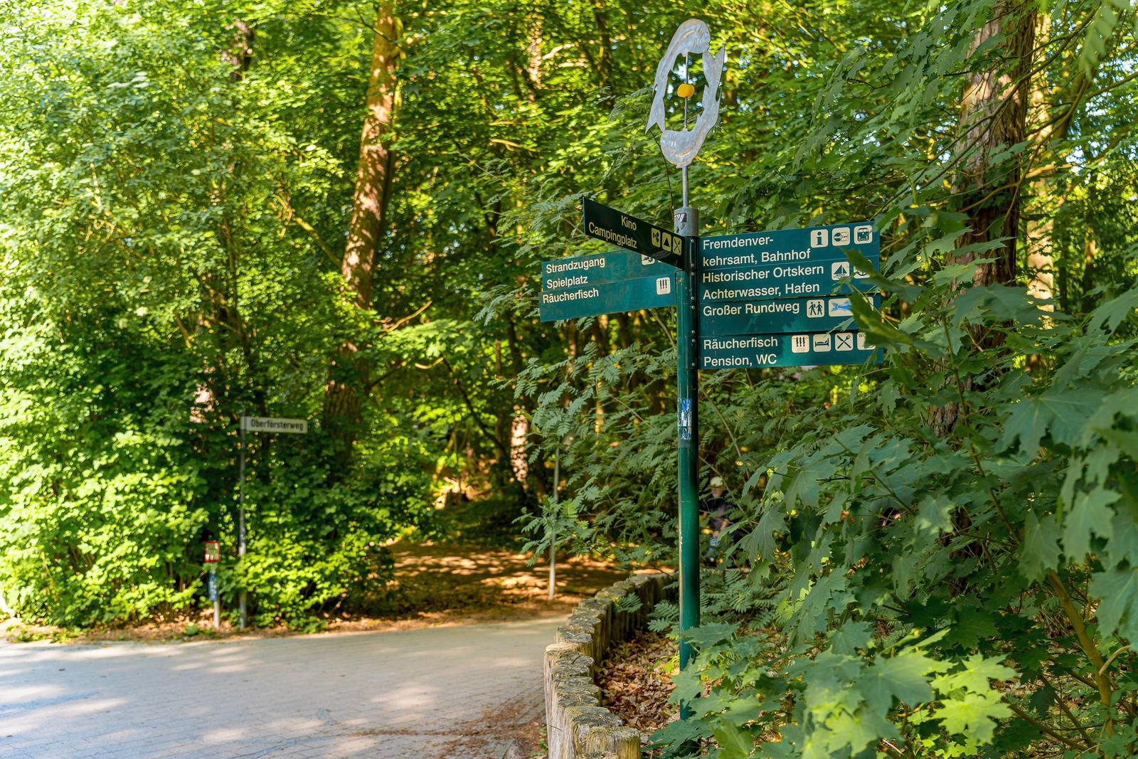 Wegweiser zeigt Richtungen zu Strand, Kino und Pension. Umgeben von grüner Vegetation.